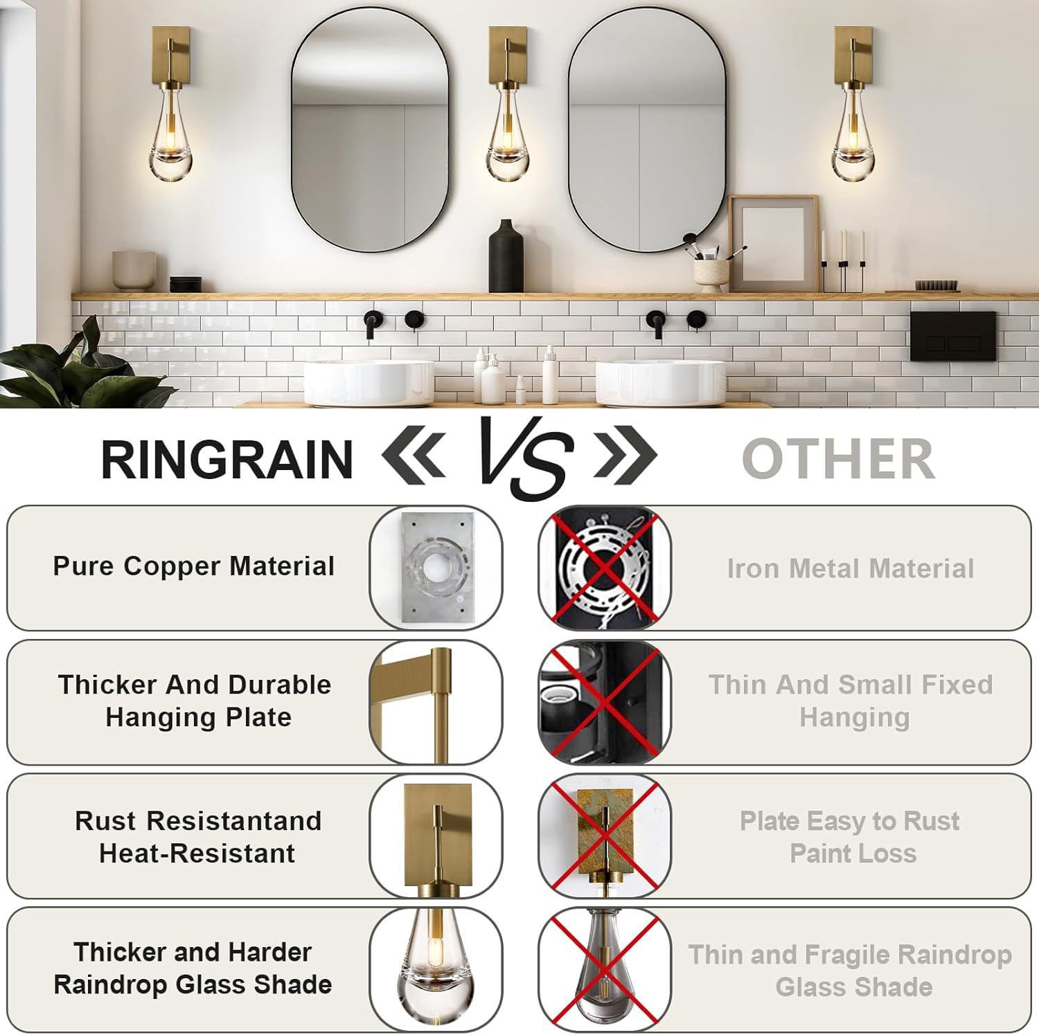 Modern Brass Raindrop Wall Sconces Set of 2 - Hand Blown Solid Glass Vanity Lights for Bathroom, Bedroom & Living Room - Elegant Indoor Lighting Fixtures for Home Decor and Relaxing Ambiance
