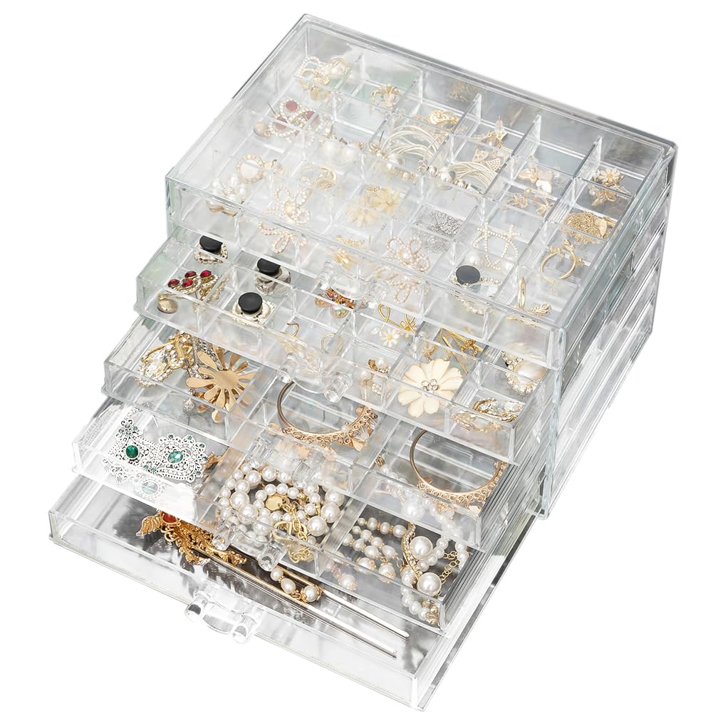 Clear Acrylic Jewelry Box with 5 Drawers - Earring Storage Organizer & Display Case with Compartment Trays - Transparent Jewelry Holder for Earrings, Necklaces, Rings & Bracelets - Perfect for Bedroom, Closet & Travel Organization