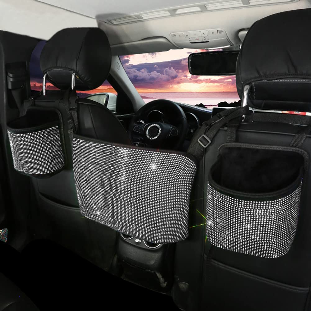Bling Car Handbag Holder & Backseat Organizer - 3-Pack Rhinestone Auto Seat Storage Bags with Net Pockets & Trash Can (Plush, Pure White) - Perfect for Organizing Purses, Phones & Snacks in Your Car