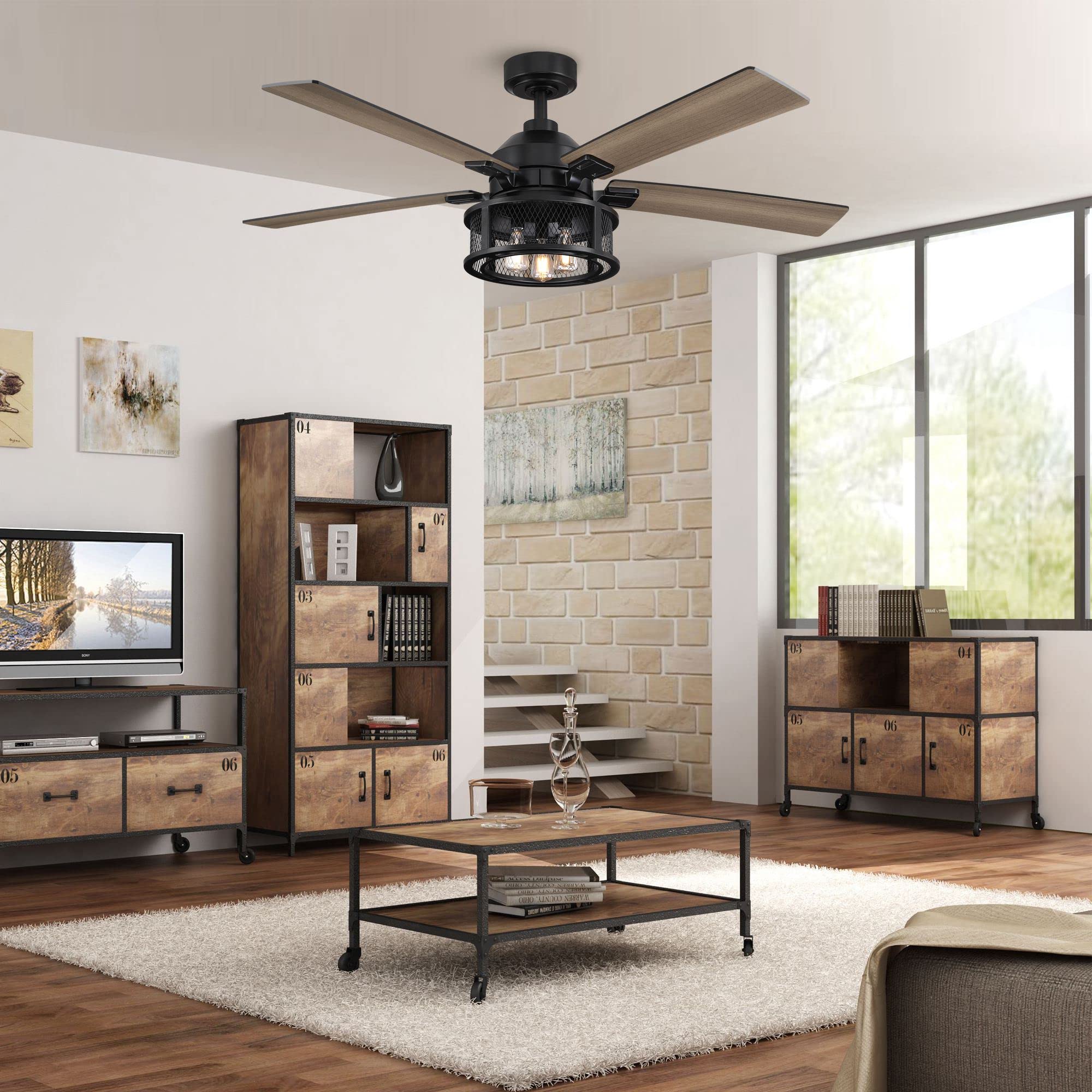 52 Inch Black Farmhouse Ceiling Fan with Remote Control, LED Light and Reversible Blades - Rustic Indoor/Outdoor Ceiling Fan for Bedroom, Living Room, Patio - Perfect for Home Cooling and Stylish Decor