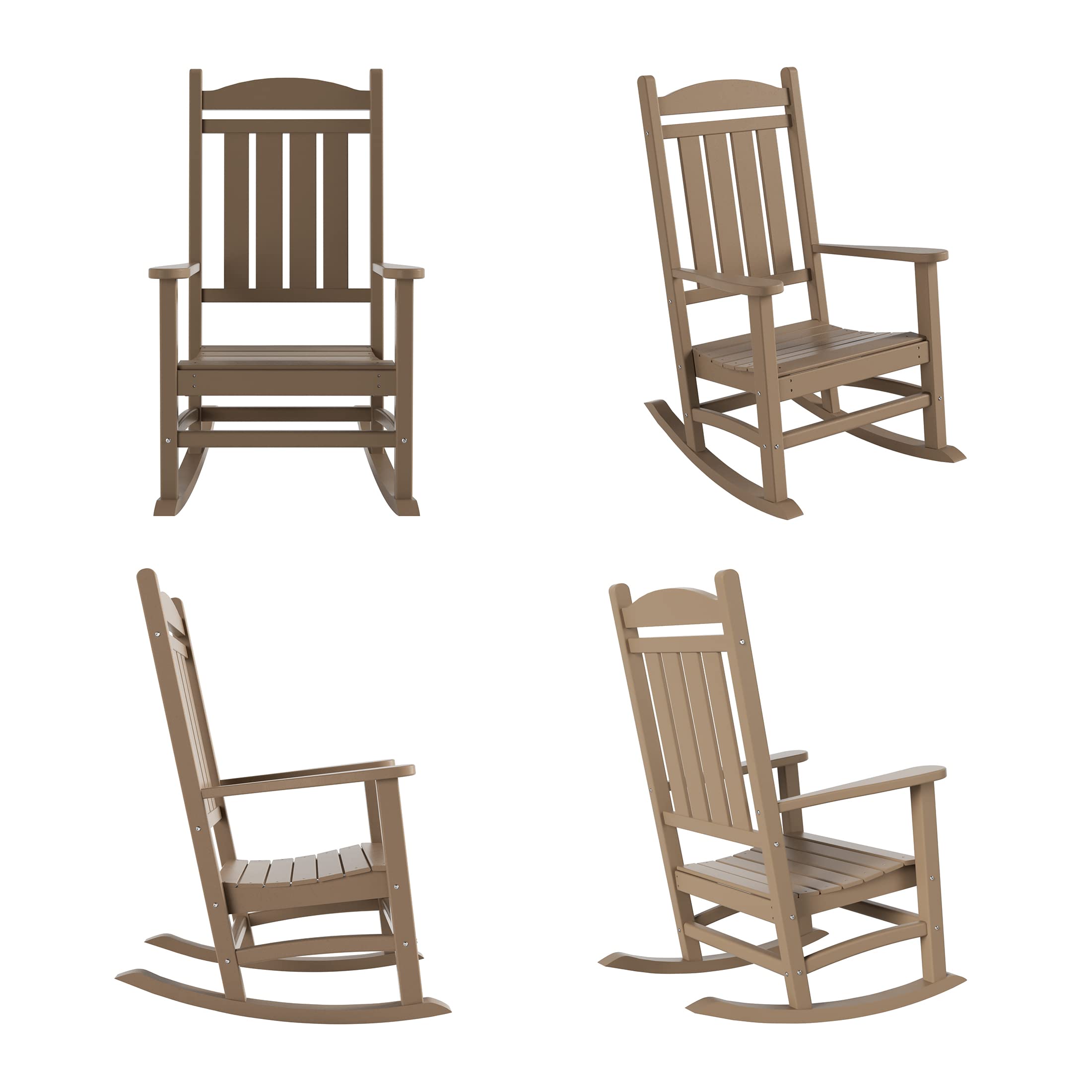 WO Home Furniture 4-Piece Patio Rocking Chair Set - Traditional Outdoor HDPE Rockers with UV & Weather Resistance (Weathered Wood Finish) - Perfect for Backyard, Garden, Porch & Poolside Relaxation