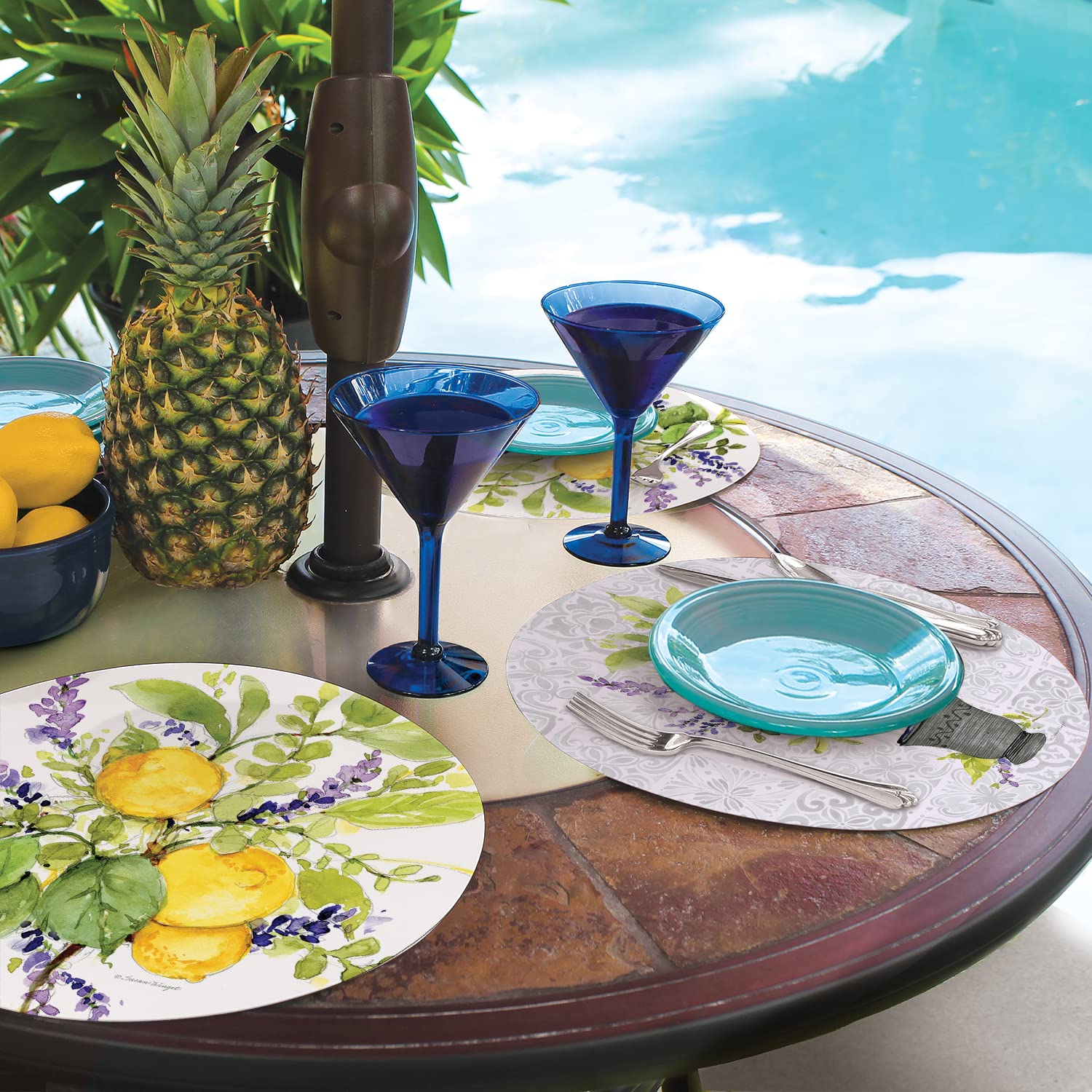 CounterArt Watercolor Lemons 4-Pack Round Reversible Placemats - Flexible Plastic, Easy Care, Made in USA - Perfect for Dining Tables, Kitchen Countertops & Outdoor Entertaining