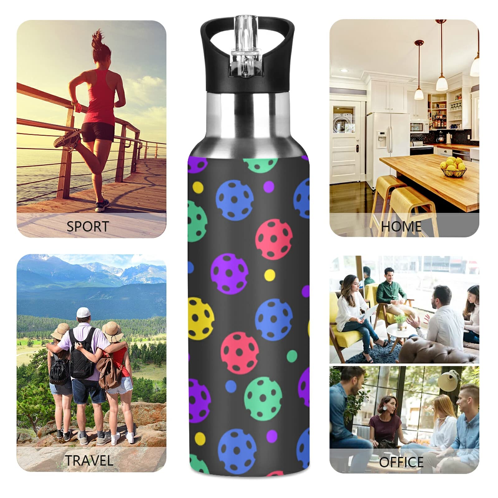 **Insulated Stainle Steel Water Bottle 20 oz - Double Wall Vacuum, Straw Lid, Leakproof - Perfect for Pickleball, Gym, Hiking & Outdoor Sports**