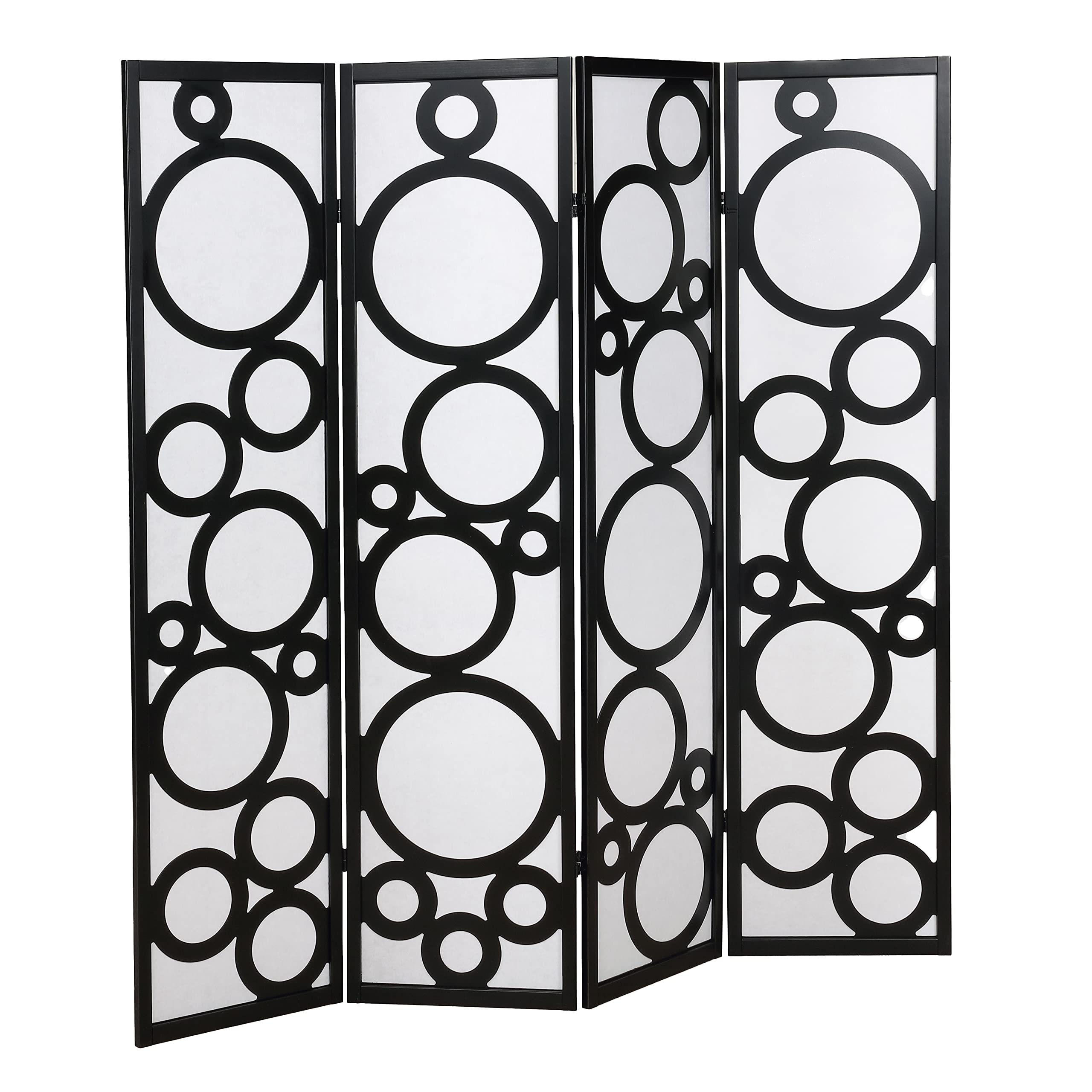 Roundhill Furniture Arvada 4-Panel Wood Room Divider with Circle Pattern - Black Wooden Folding Screen for Home Office, Living Room & Bedroom Privacy