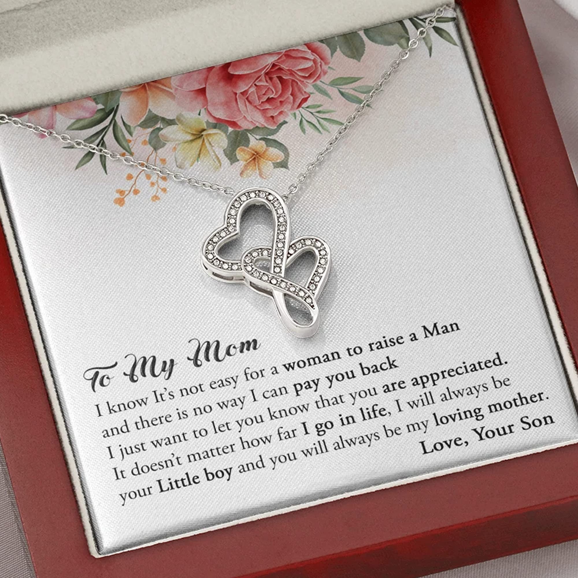 Double Heart Necklace for Mom - Mother's Day Gift from Son with Message Card & Gift Box - Elegant Jewelry Present for Birthday, Anniversary & Special Occasions