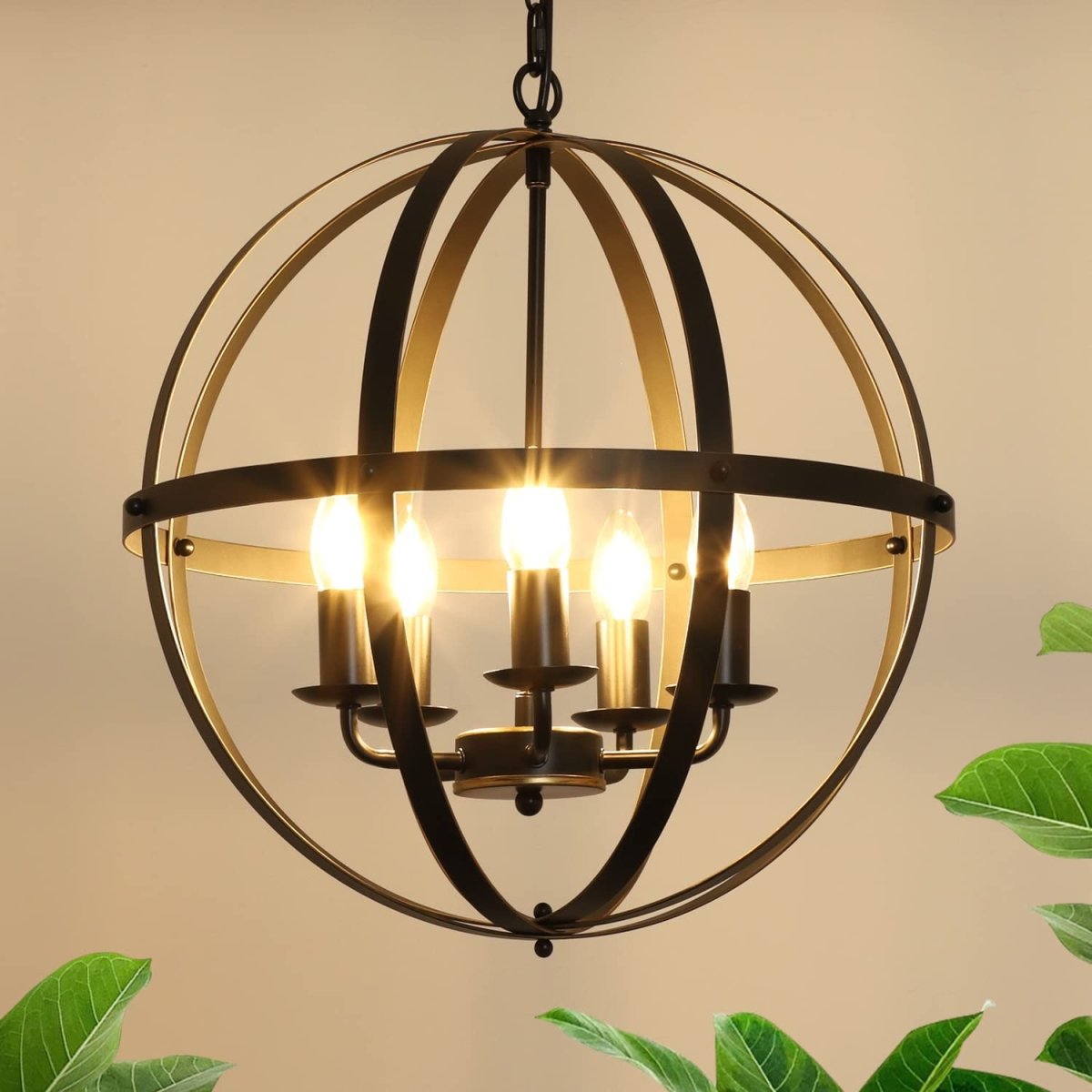 Depuley Rustic 5-Light Globe Chandelier - Adjustable Hanging Pendant Light Fixture with Spherical Metal Shade for Kitchen, Dining Room, Living Room, Hallway, Entryway - Farmhouse & Industrial Style Ceiling Lighting (Burnished Gold / Matte Black) - Perfect for Home Decor, Restaurant, Cafe, and Office Spaces