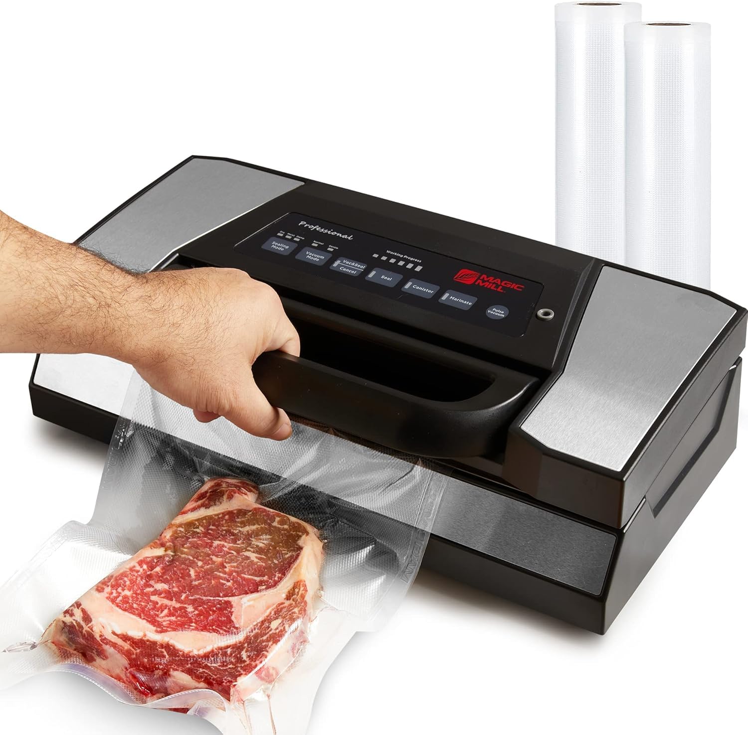 Magic Mill MVS-5181 Professional Vacuum Sealer Machine with Cutter & Jar Attachment | New Patent Handle for Food Bags, Marinate Bowls & Meal Prep Containers | Perfect for Home Kitchen, Meal Prepping & Food Storage