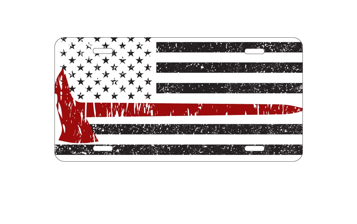 Custom Aluminum Vanity License Plate for Car Front - Weathered Thin Red Line US Flag with Axe Design | Personalized Auto Accessory for Truck, SUV & Classic Cars | Patriotic Gift for First Responders & Firefighters