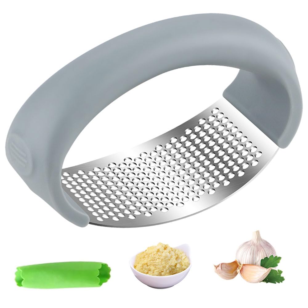 2024 Upgraded Stainless Steel Garlic Press Rocker - Heavy Duty Garlic Crusher & Masher with Peeling Drum - Professional Kitchen Gadget for Chopping, Mincing Garlic - Perfect for Home Cooking, Restaurants & Meal Prep (Gray, 1pc)
