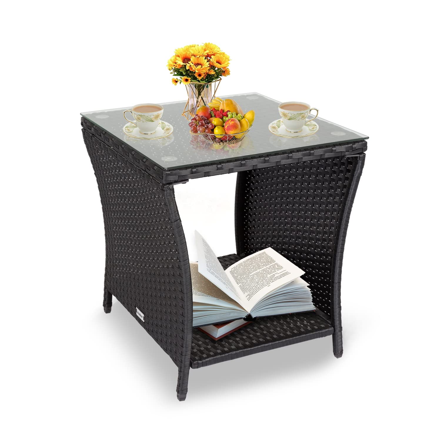 Kinbor Outdoor Patio Side Table - Square Wicker PE Rattan Coffee Table with Tempered Glass Top & Storage Shelf | Perfect for Deck, Poolside, Garden, Lawn & Porch (Black) | Weather-Resistant Outdoor Furniture for Relaxing & Entertaining