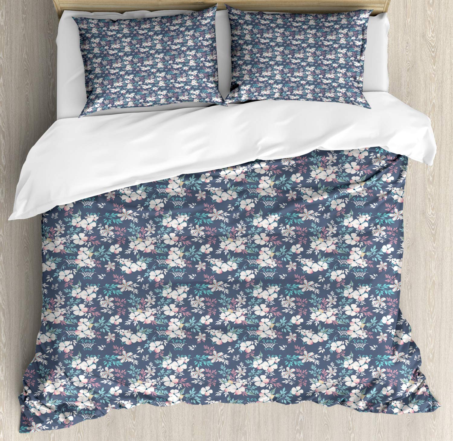 Ambesonne Floral Duvet Cover Set - Queen Size 3-Piece Bedding with 2 Pillow Shams | Soft Pastel Leaves & Spring Romance Floral Print in Purple-Blue Multicolor | Perfect for Master Bedroom, Guest Room & Spring Home Decor