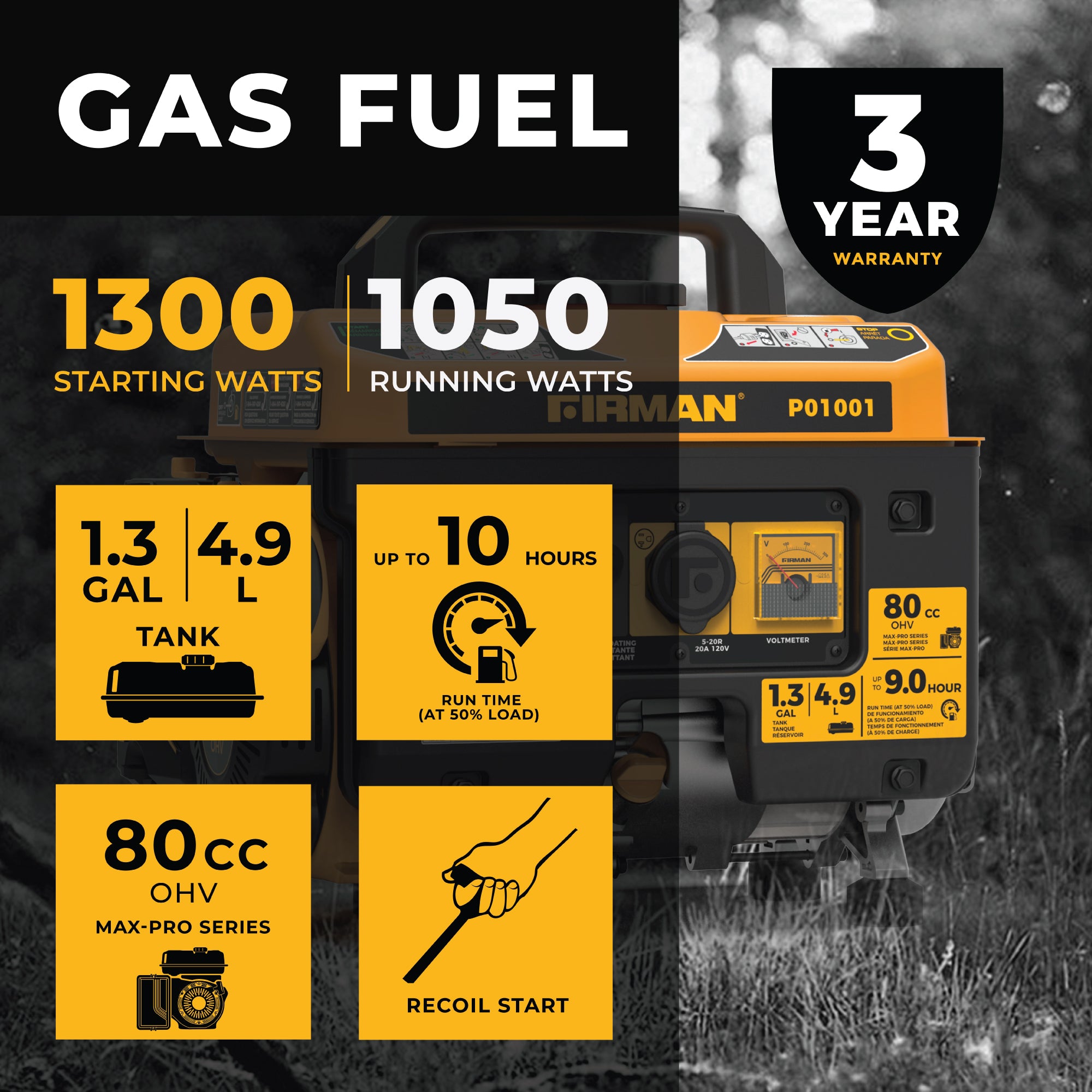 1300W Portable Gas Generator with Recoil Start - Reliable Power for Camping, Emergencies & Outdoor Activities