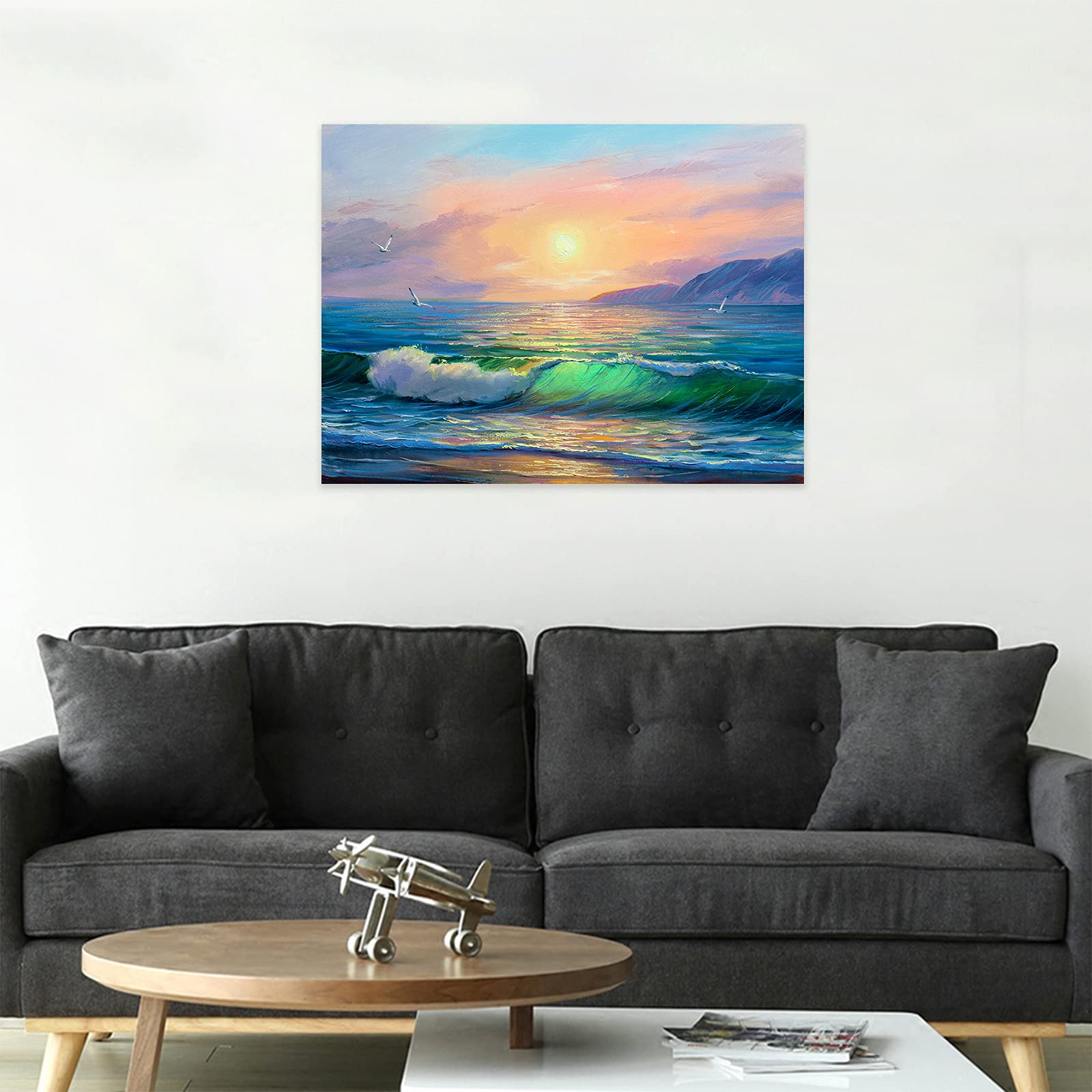 Blue Sea Seascape Waves Canvas Wall Art - Stretched Framed Ocean Painting for Bathroom & Bedroom Decor - Ready to Hang Abstract Beach Artwork (28x40 Inches) - Perfect for Coastal Themed Living Rooms, Spa Bathrooms or Beach House Interiors