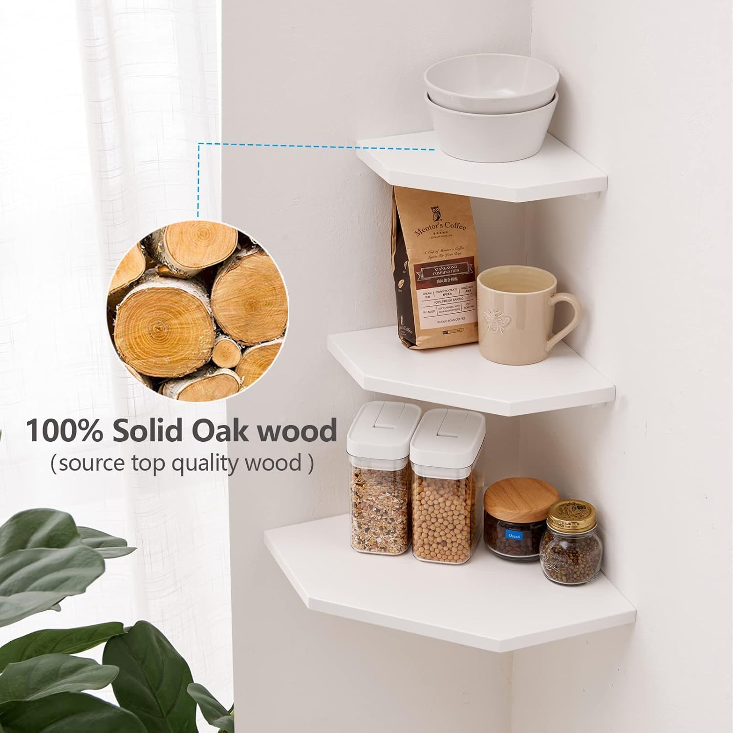 White Oak Corner Floating Shelves Set of 2 - Solid Wood Wall Mounted Display Shelves with Wire Hole for Plants, Decor - Perfect for Kitchen, Living Room & Bedroom Storage & Organization