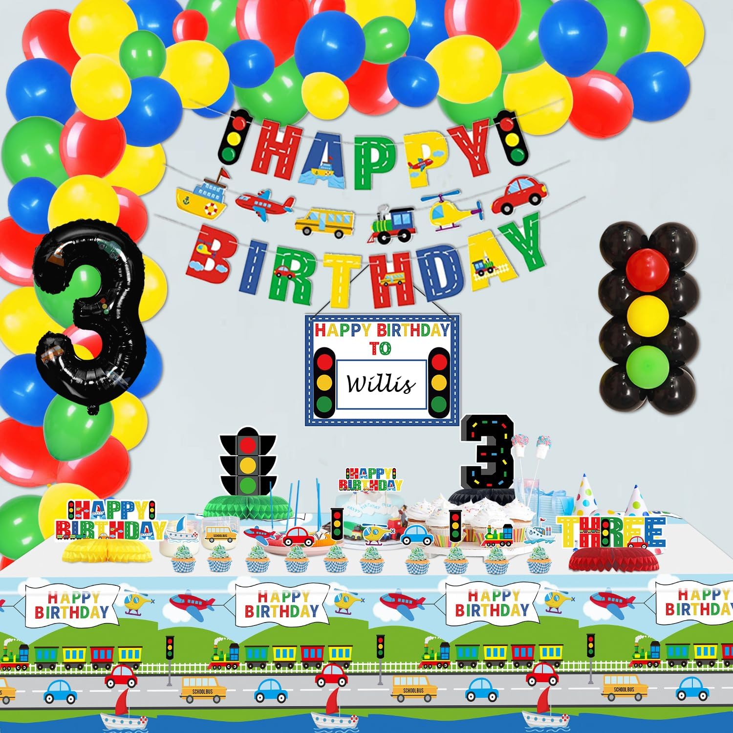 Transportation Theme 3rd Birthday Party Supplies for 3 Year Olds - Includes Happy Birthday Banners, Centerpieces, Tablecloths, Cake Toppers & 76 Balloons - Perfect for Kids' Truck, Train & Car Themed Birthday Decorations