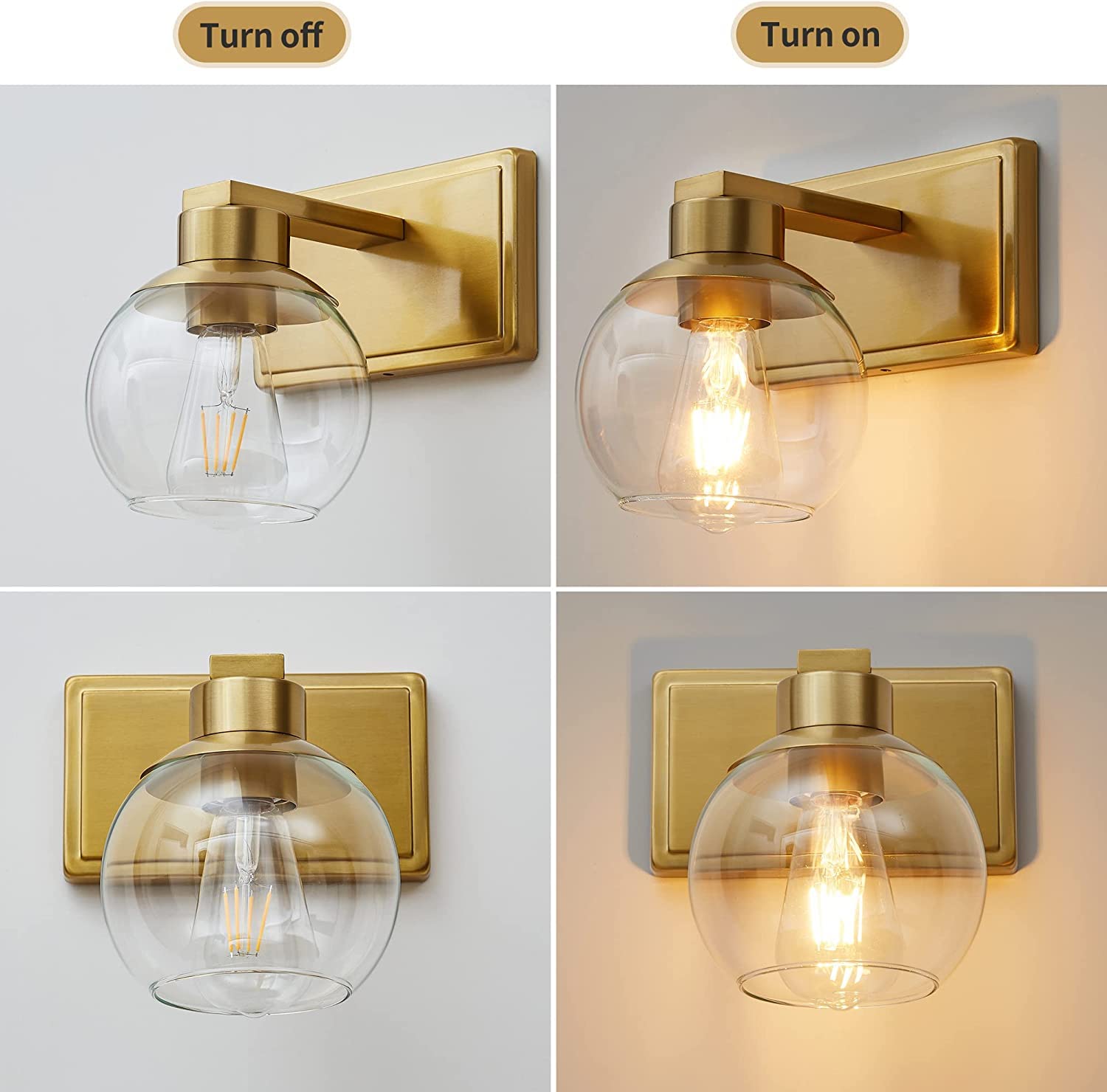 Brushed Brass Wall Sconces Set of 2 - Clear Glass Lamp for Bedroom, Bathroom & Living Room Lighting