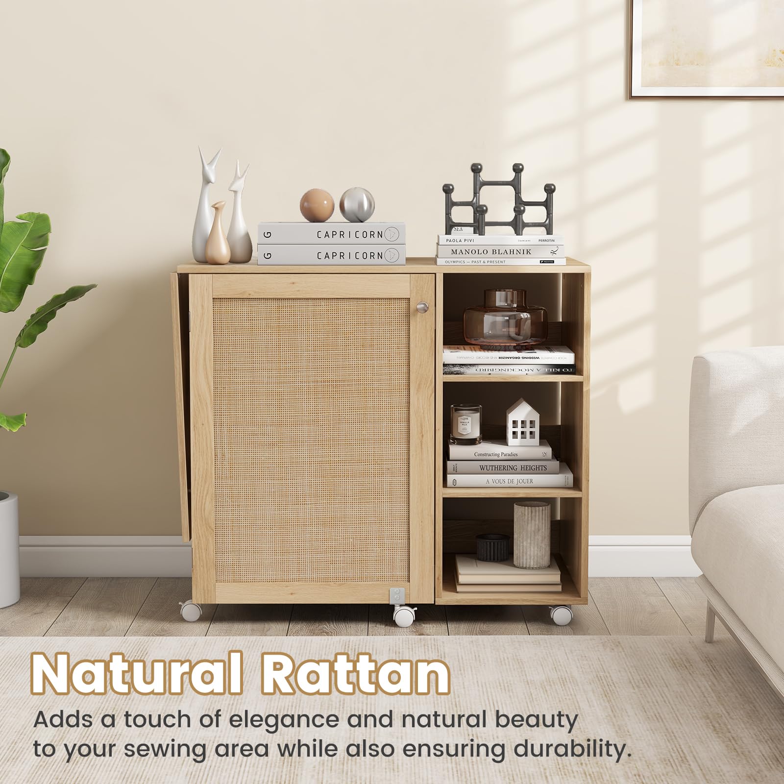 COSTWAY Rattan Sewing Machine Table with Storage - Foldable Craft Desk with Lockable Wheels, 18 Pegs, 2 Bins & Side Cabinet - Perfect for Sewing, Crafting & Home Office in Living Room or Bedroom