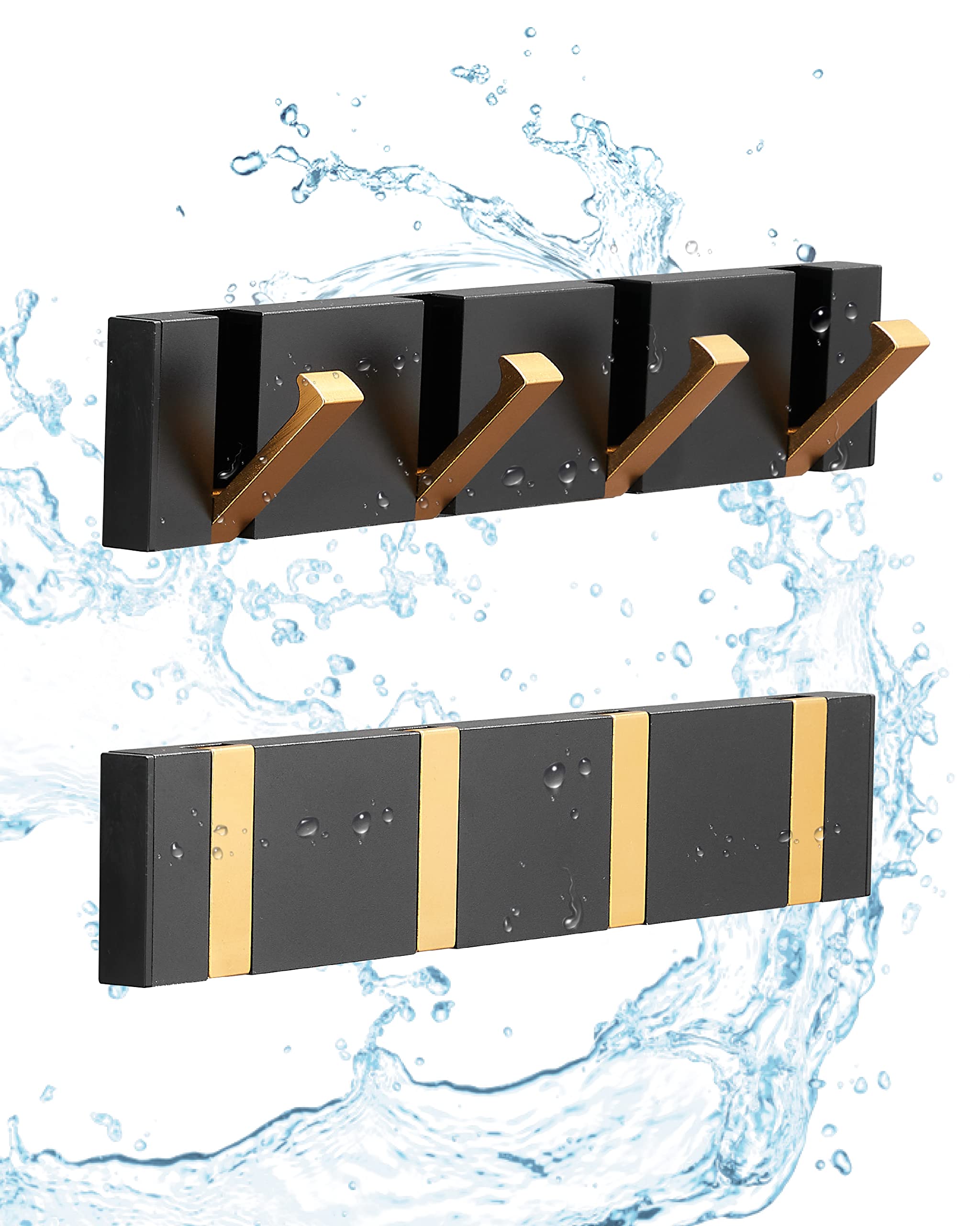 2 Pack Waterproof Black Gold Retractable Wall Hooks - Space Saving Bathroom Towel Hooks, Matte Finish Minimalist Design for Doors, Robes & Coats - Perfect for Kitchen, Balcony & Small Spaces