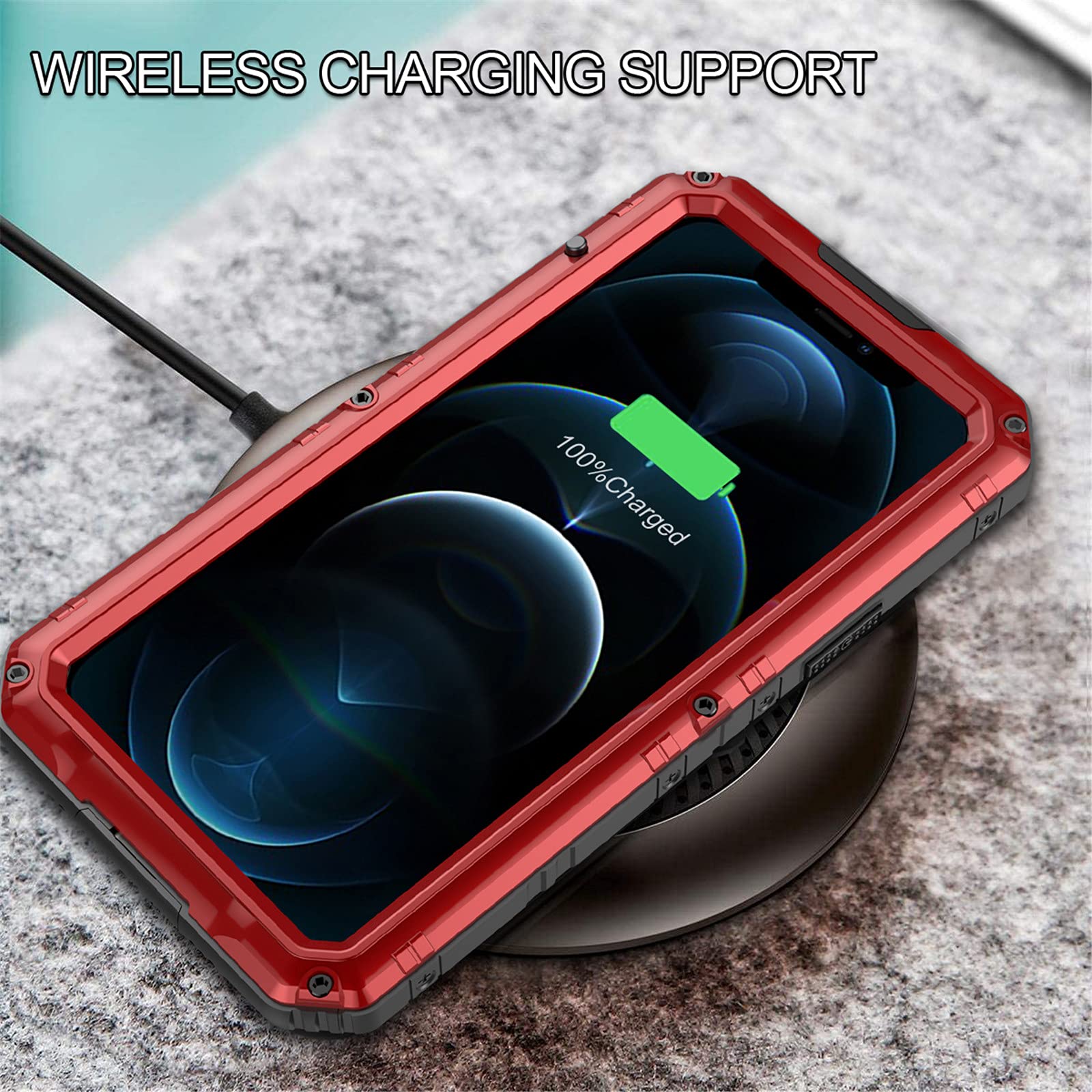 **Heavy Duty Waterproof Case for iPhone 12 Pro Max - Shockproof Full Body Protective Metal Cover with Built-in Screen Protector (Red) - Perfect for Outdoor, Hiking, Swimming & Extreme Sports**