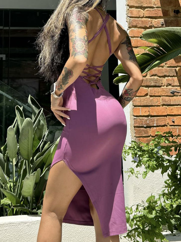 ZASUWA Women's Solid Color Cross Back Hollow Out Split Dress - Sexy Summer Party & Beach Wear for Women