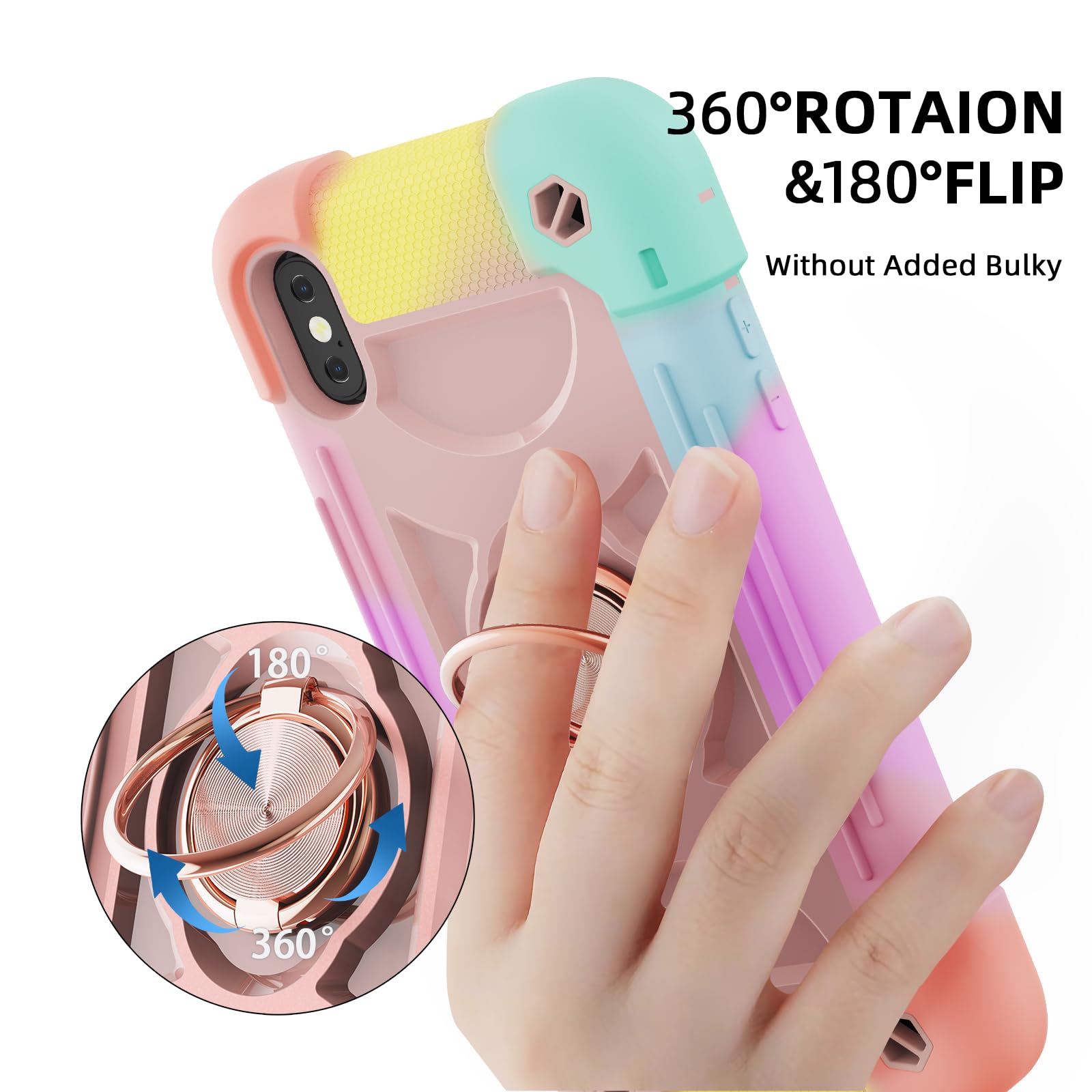 MARKILL Military Grade Shockproof iPhone Xs Max Case 6.5 Inch with Ring Stand & Magnetic Car Mount | Heavy Duty Protective Phone Cover for iPhone Xs Max (Rainbow Pink) | Perfect for Outdoor Activities, Travel & Daily Use