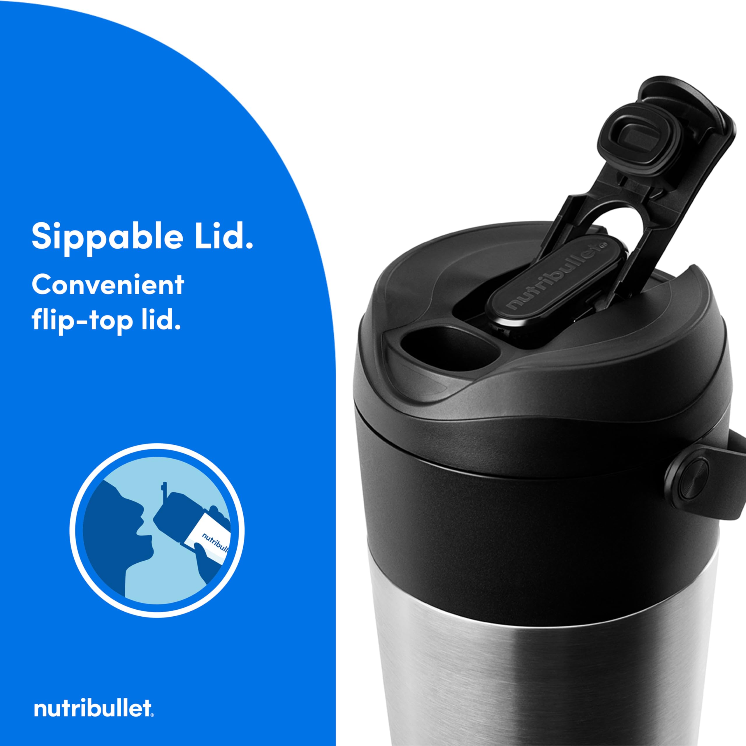 Nutribullet Flip Portable Blender with Insulated Cup - Cordless, Brushed Stainless Steel (NBPB50350SS) - Perfect for Smoothies, Protein Shakes & On-the-Go Blending at Gym, Office or Travel