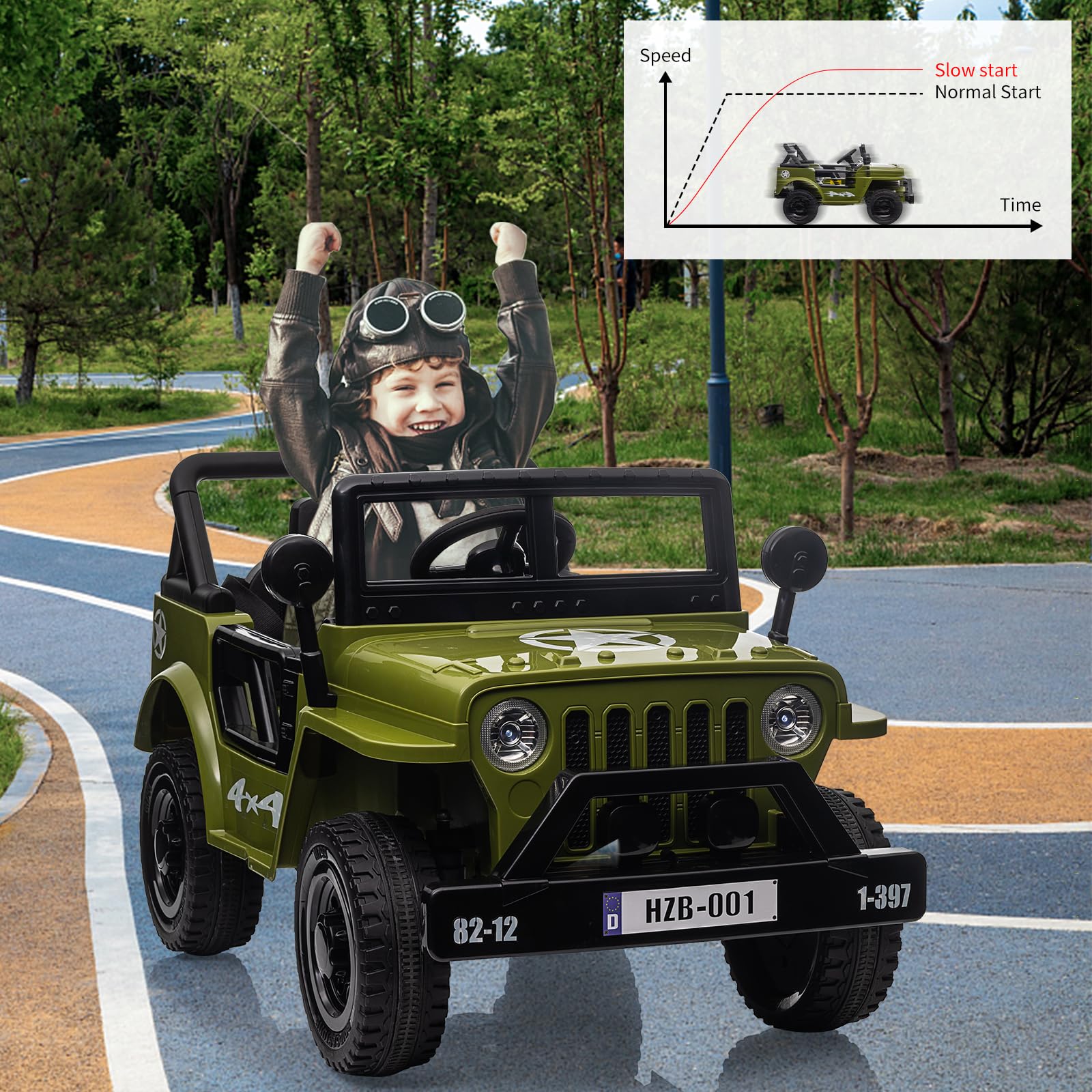 12V Electric Ride On Truck for Kids with Remote Control, Spring Suspension, LED Lights & Music - Adjustable Speed, Safety Belt - Green Toy Car for Boys & Girls Ages 3+ | Outdoor Play, Birthday Gift, Backyard Fun