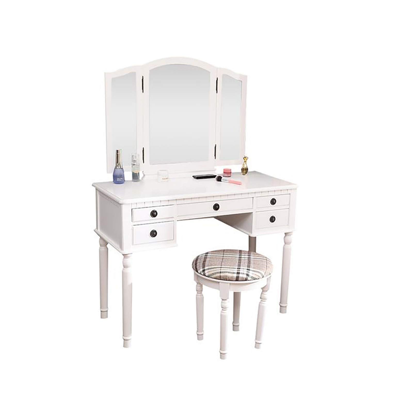 Modern White Dresser Table Set with Three-Fold Mirror & Roman Column Drawers - Bedroom Vanity, Entryway Storage, Living Room Decor