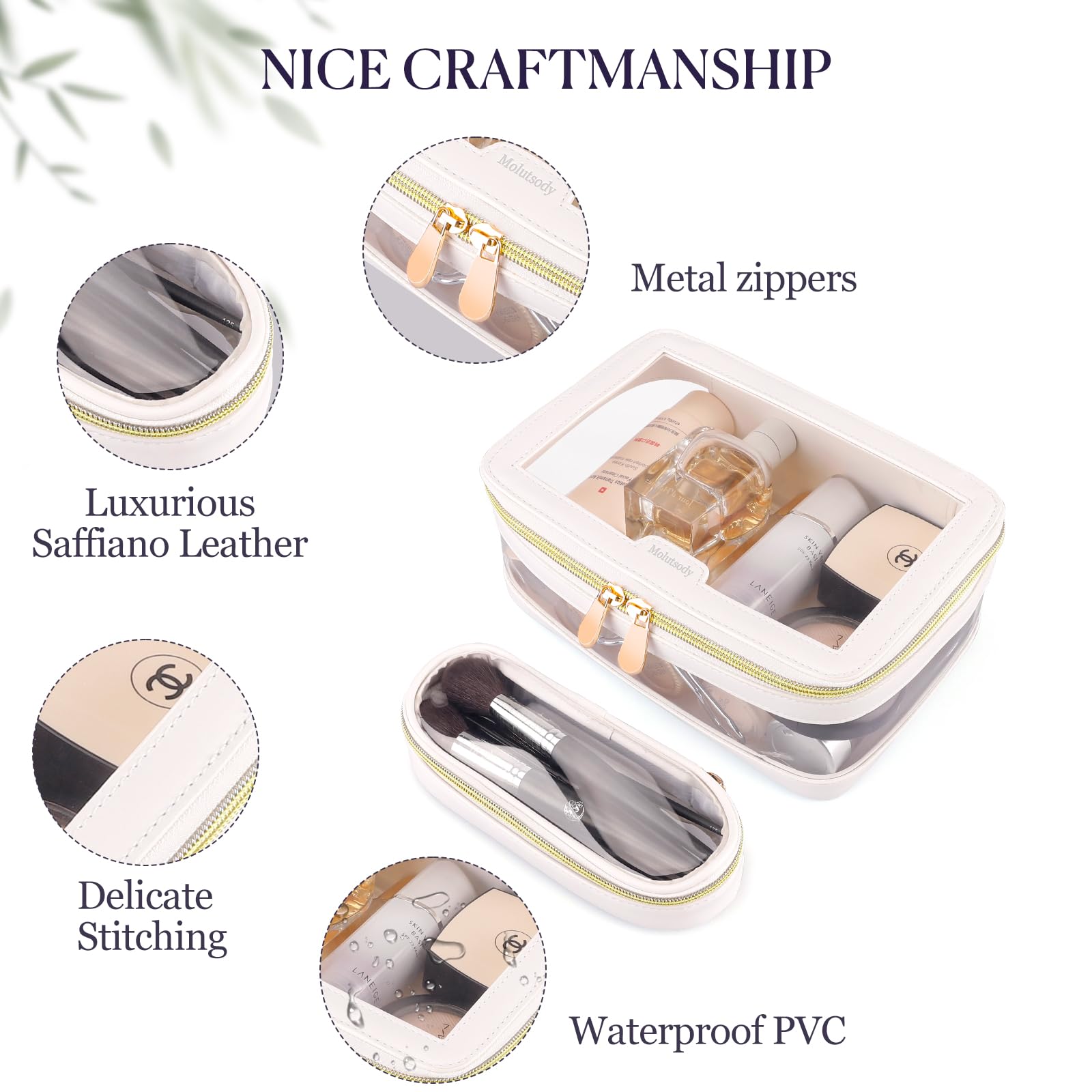 Clear Travel Makeup Bag for Women - Waterproof Cosmetic & Toiletry Organizer Case with Multiple Pockets, Portable Carry-on Essentials Storage (White) - Perfect for Airplane Travel, Gym, Beach & Daily Use