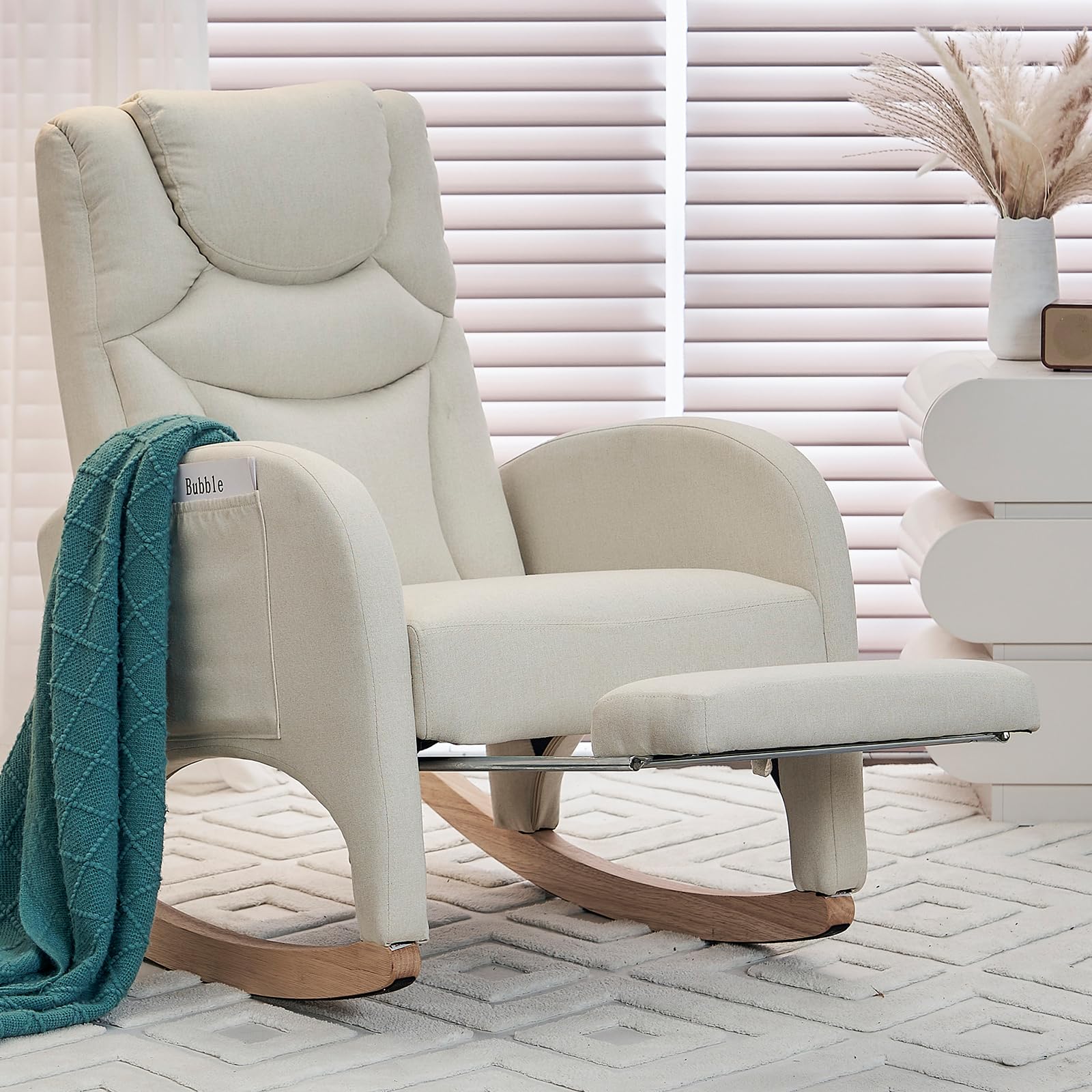 Comfy Cotton Linen Nursery Rocking Chair with Adjustable Footrest & High Backrest - Glider Rocking Armchair for Nursery, Bedroom or Living Room - Beige Accent Chair for Breastfeeding, Reading & Relaxing