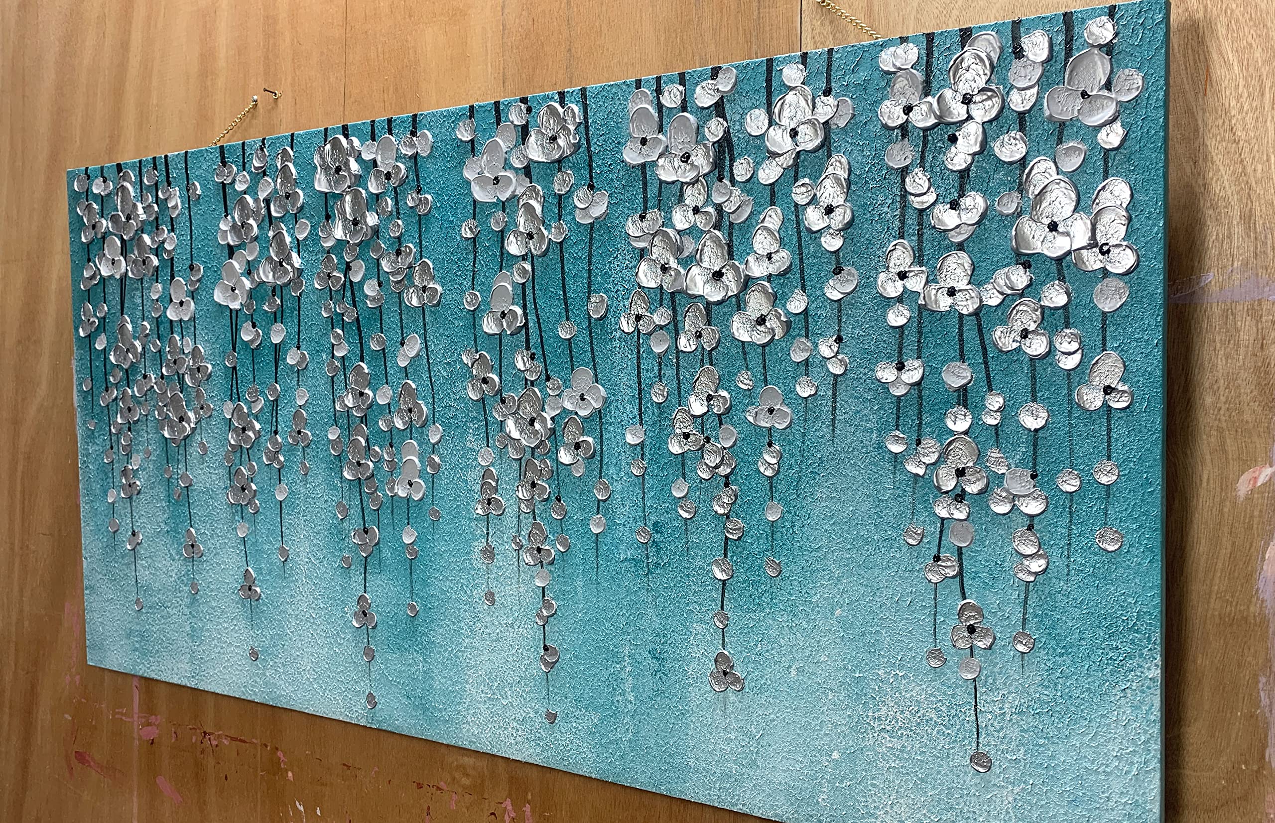 Yika Art 24x48 Inch Modern Abstract Oil Painting - Hand Painted Canvas Wall Art Decor for Living Room, Bedroom & Office - Silver Flower Abstract Artwork in Blue | Perfect for Home Decoration & Gift Giving