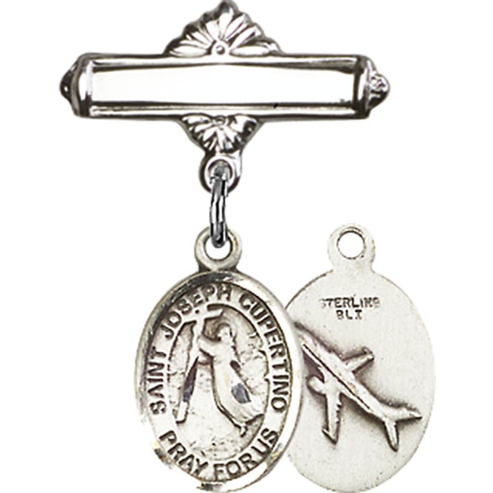 Sterling Silver Baby Badge with St. Joseph of Cupertino Charm - 1 X 5/8 Inch Polished Pin - Perfect for Christening Gifts, Baby Blessings & Religious Jewelry Collections