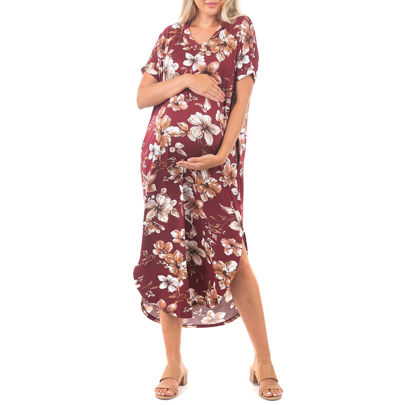 Mother Bee Maternity V-Neck Short Sleeve Dress with Pockets - Comfortable Pregnancy Dress for Casual Wear & Nursing