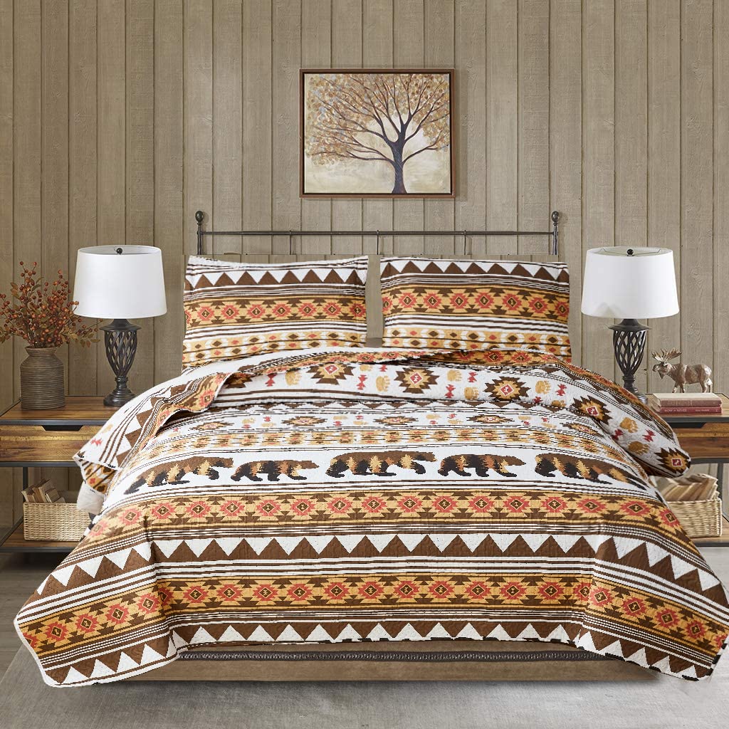 Rustic Twin Size Quilt Set - Reversible Brown Bear & Stripe Cabin Bedding, Lightweight Lodge Bedspread Coverlet for Cozy Country Home Decor | Perfect for Guest Rooms, Cabins & Forest Retreats