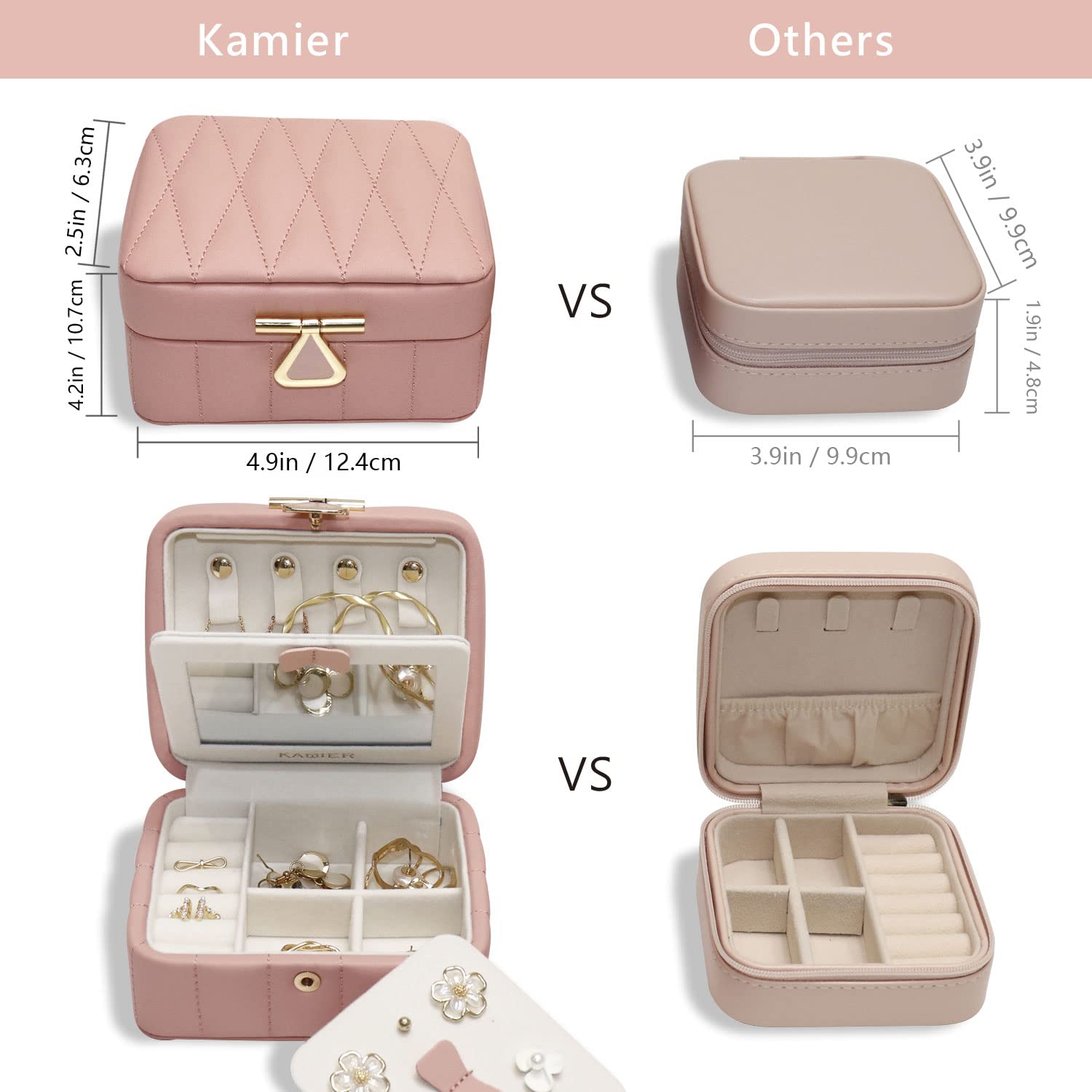KAMIER Pink Diamond Quilted Leather Travel Jewelry Box Organizer for Women - Portable Jewelry Case with Mirror - Perfect for Vacation, Business Trips & Daily Use