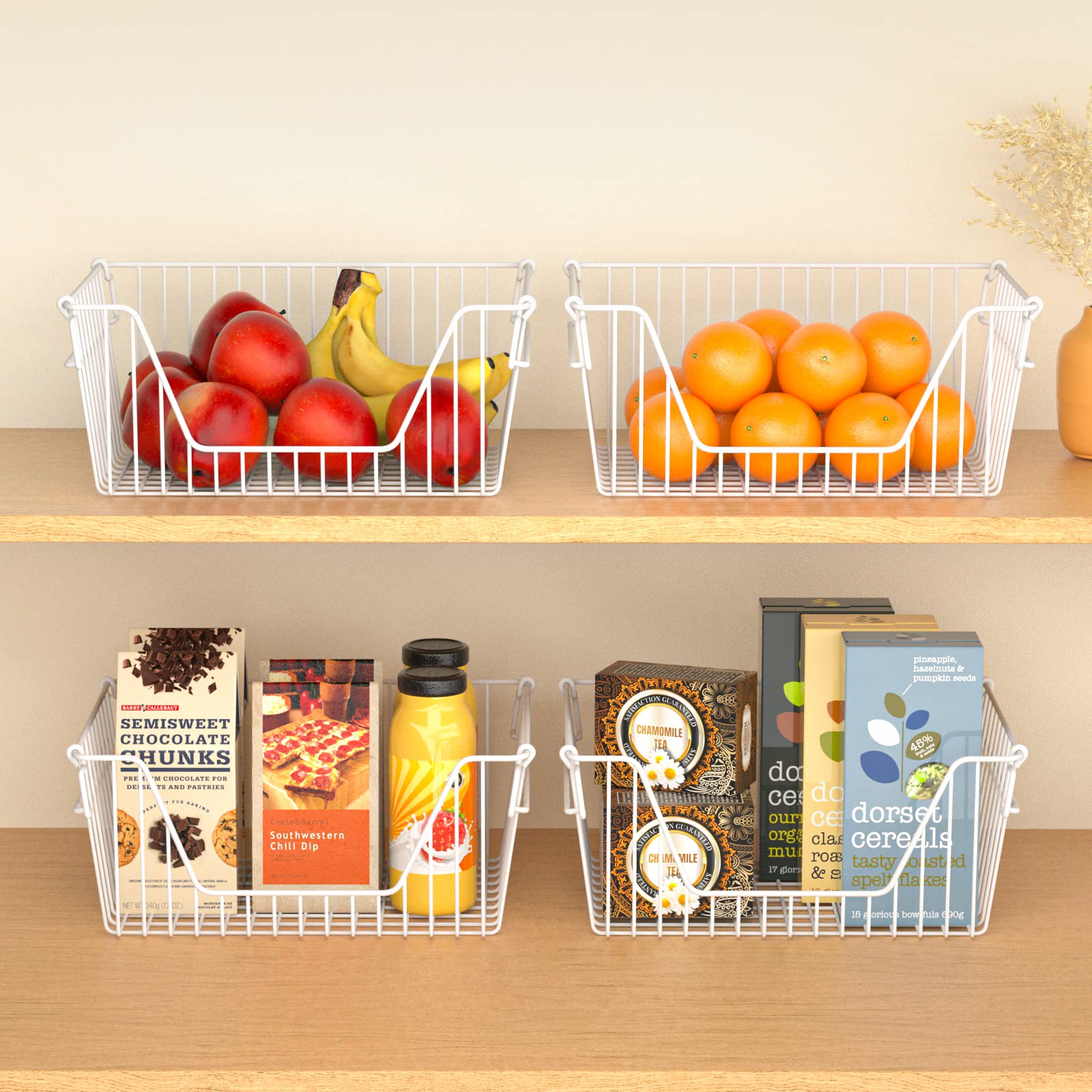 SANNO Stackable Metal Wire Baskets - 4 Pack White Kitchen Storage Bins for Pantry Organization, Fruit & Vegetable Storage, Cabinet Shelves | Perfect for Kitchen Counter, Bathroom, Office & Closet Organization