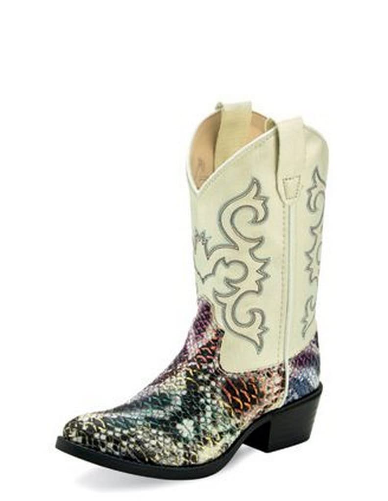 Old West Boots for Girls - Toddler/Little Kid Cowboy Boots with Multicolored Snake Print & Shiny Cream Shaft - Size 13 M | Western Fashion, Rodeo Outfits, and Country Style Footwear