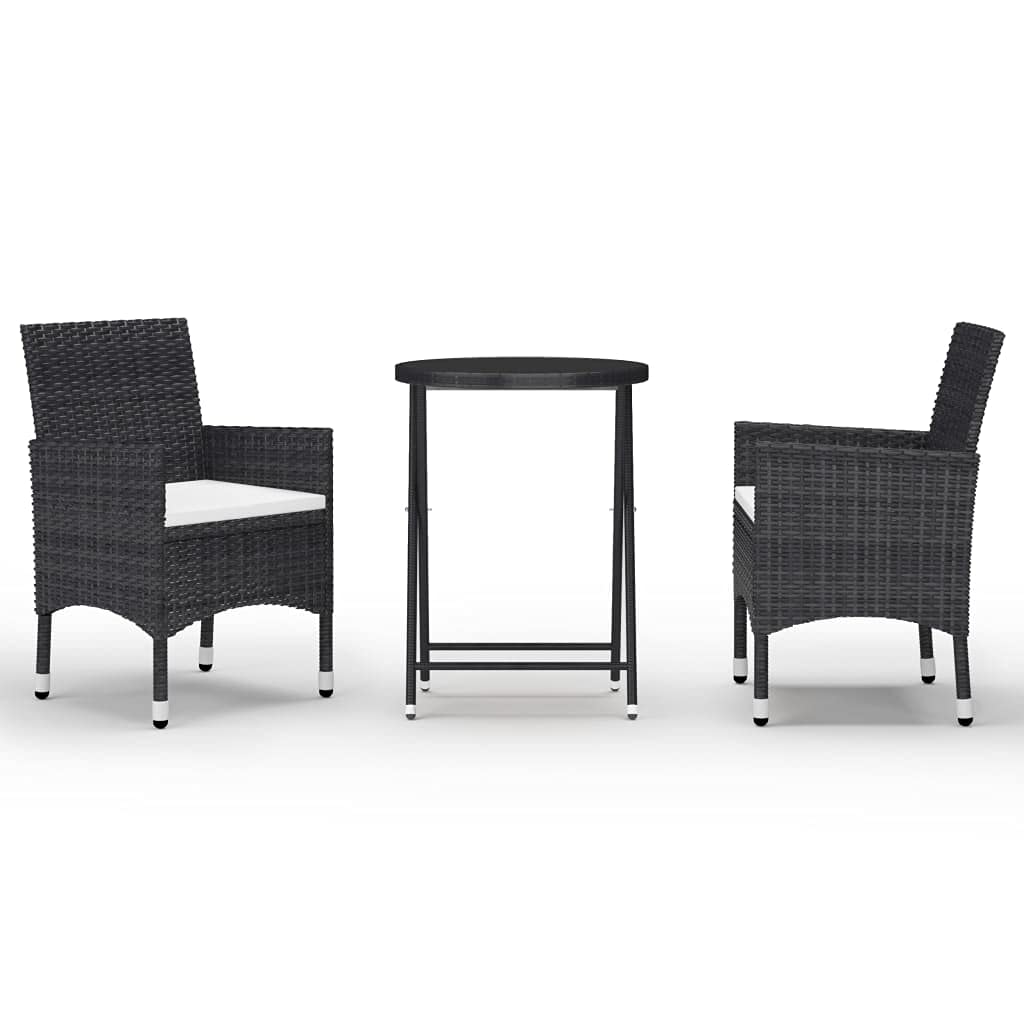 3-Piece Black Poly Rattan Garden Bistro Set with Tempered Glass - Outdoor Patio Furniture for Terrace, Balcony & Backyard Dining