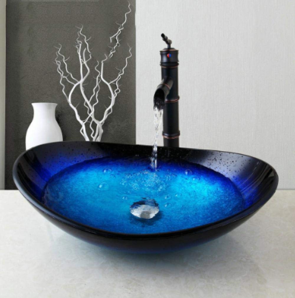 Modern Glass Vessel Sink with Waterfall Faucet & Pop-Up Drain - Tempered Glass Bathroom Basin for Vanity, Powder Room & Luxury Washroom - Perfect for Contemporary Home Decor & Spa-Like Bathroom Experience