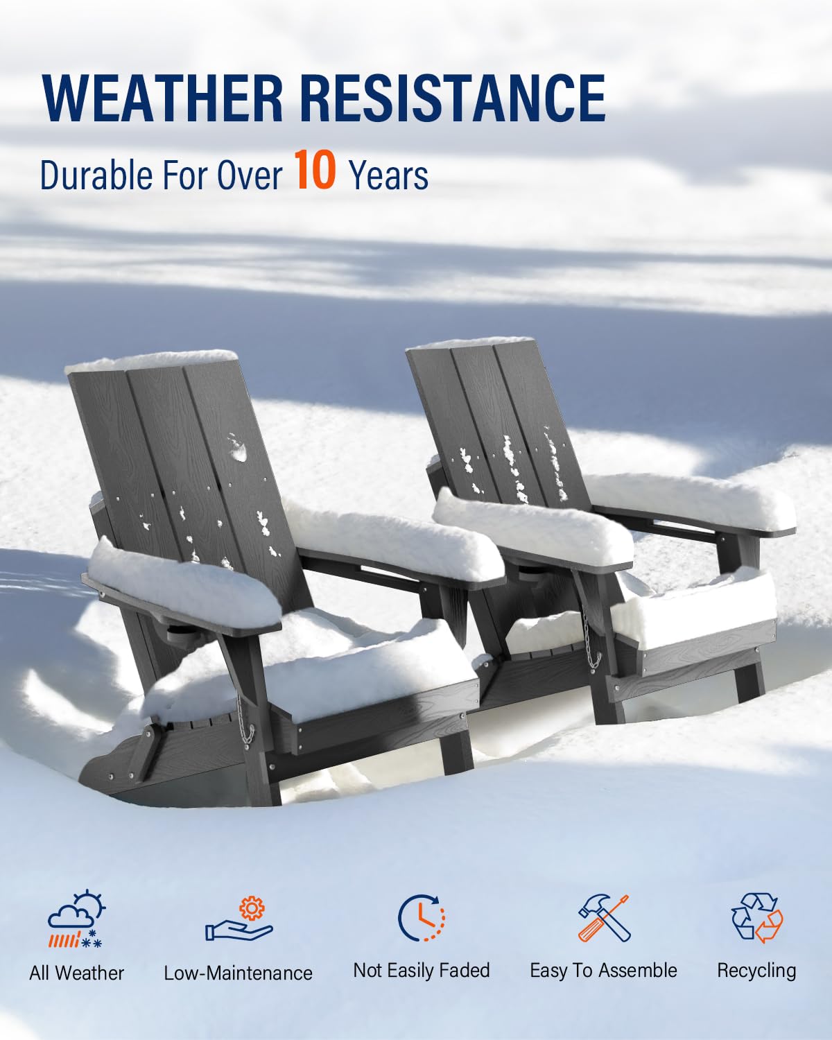 **Premium HDPE Folding Adirondack Chair Set - Oversized All-Weather Outdoor Patio Chairs with Wood Texture, High Back & Cup Holder - Perfect for Backyard, Fire Pit, Garden & Poolside (Grey)**