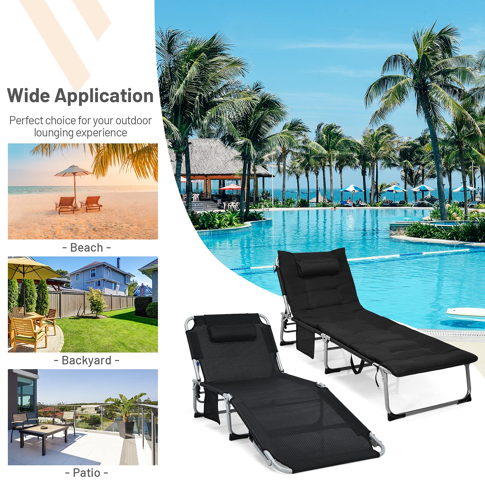 Tangkula 4-Position Folding Chaise Lounge Chair with Mattress & Pillow - Tri-Fold Portable Reclining Chair with Side Pocket, Supports 330 lbs - Perfect for Beach, Pool, Camping, Patio, Backyard & Indoor Relaxation (Black)