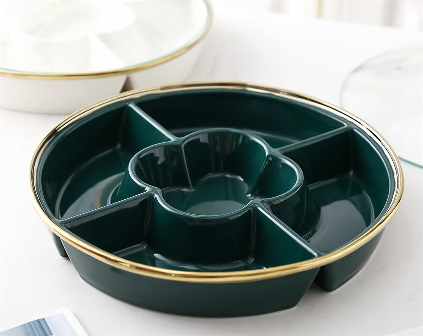 Ceramic Snack Tray with Lid - Dried Fruit, Nut & Candy Serving Plate - Appetizer Divider Container - Green (Perfect for Parties, Picnics & Home Entertaining)