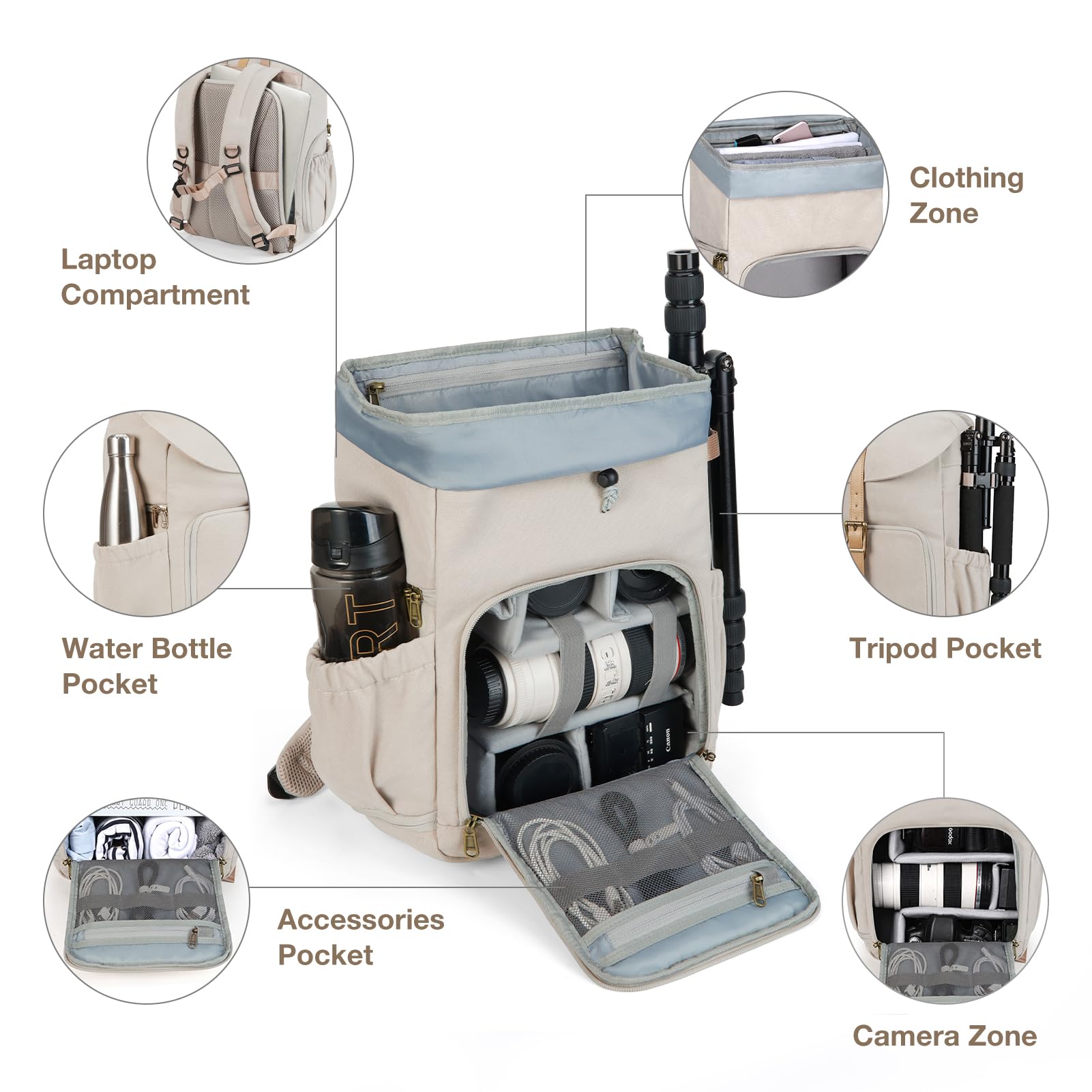 BAGSMART Waterproof Anti-Theft DSLR Camera Backpack for Photographers - 15 Inch Laptop Compartment & Tripod Holder - Ivory White - Perfect for Travel, Hiking, and Professional Photography
