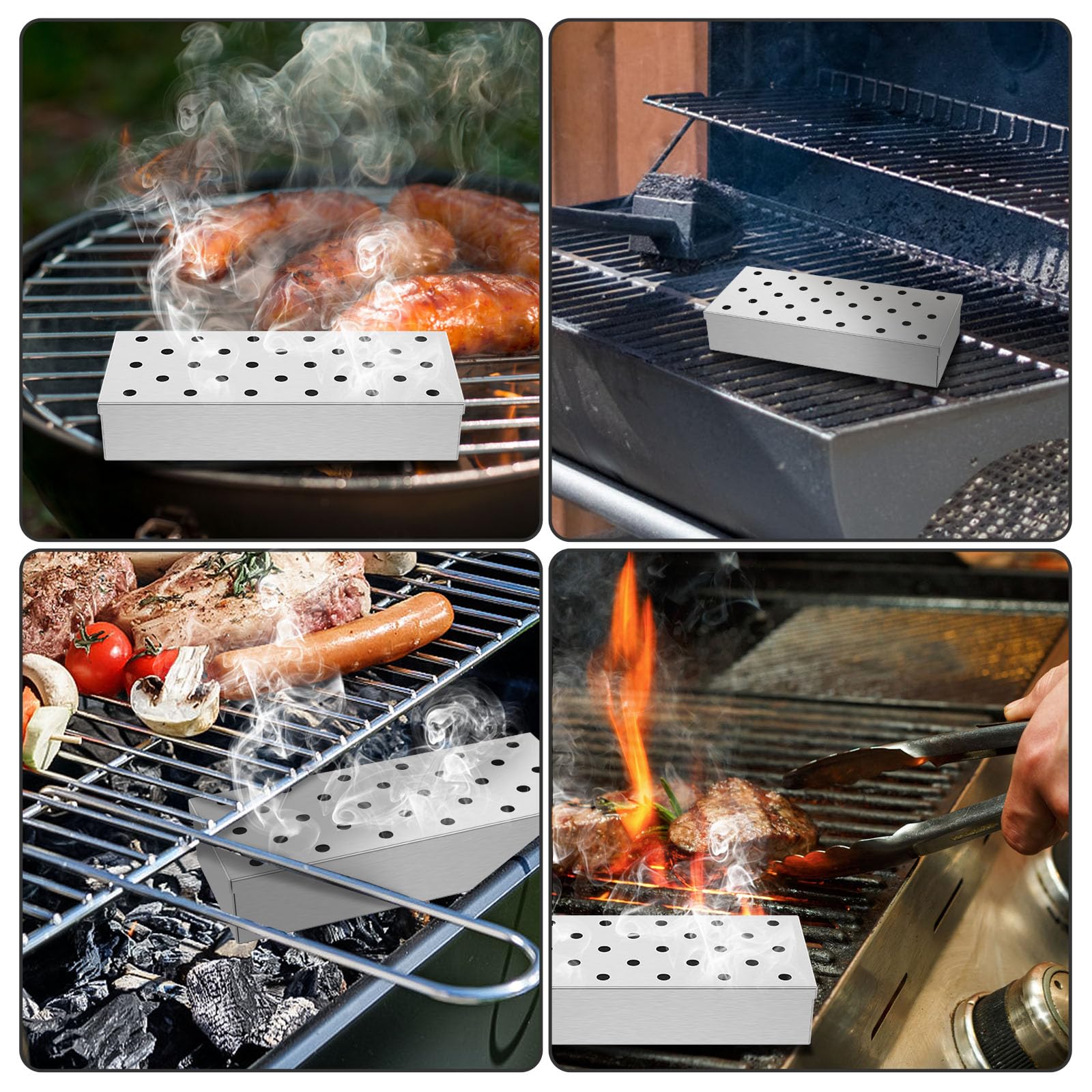 2Pcs Stainless Steel BBQ Smoker Box with Lid - Wood Chip Smoker Box for Gas & Charcoal Grills - Enhance Grilling Flavors - Perfect for Backyard BBQ, Camping & Outdoor Cooking