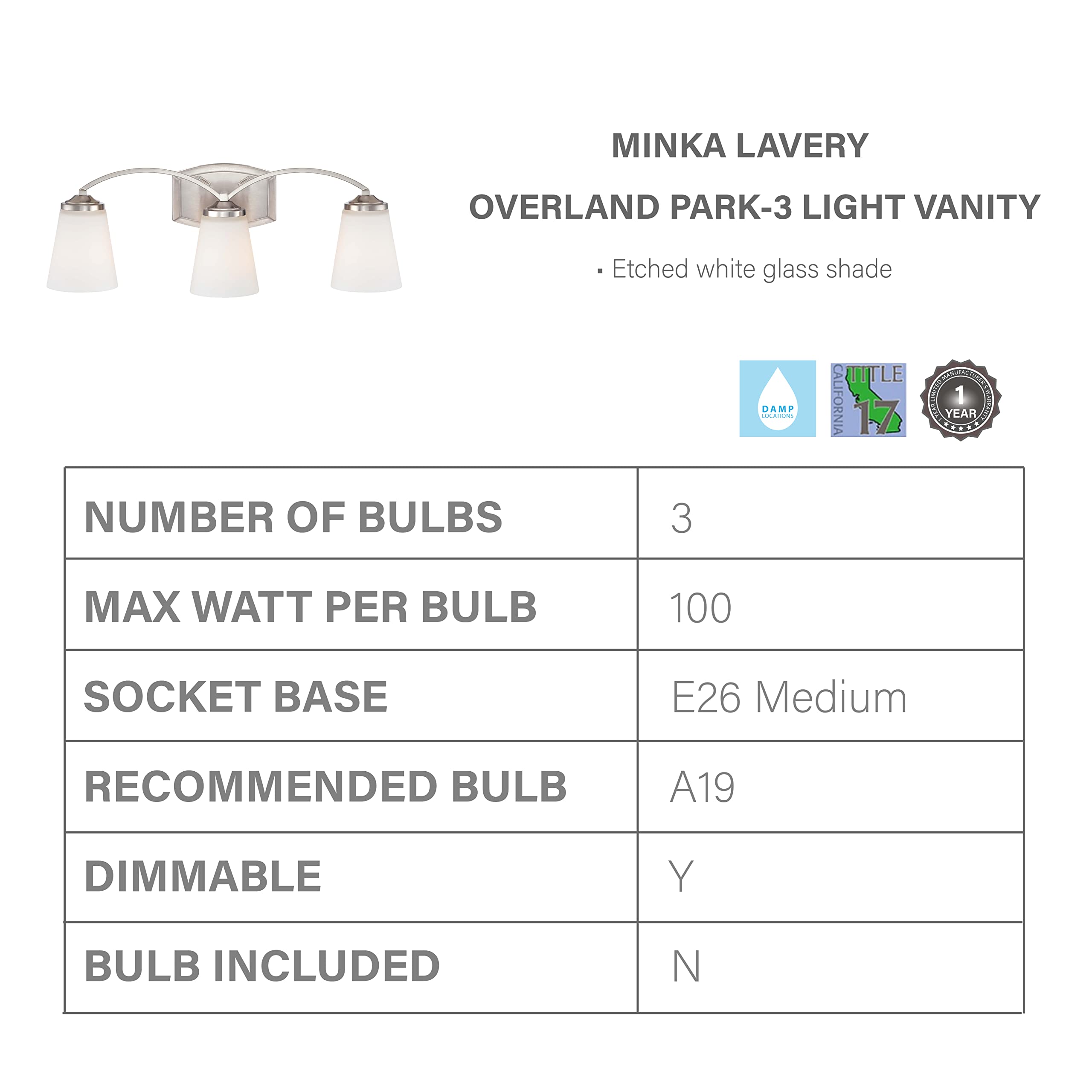 Minka Lavery 6963-84 Nickel 3-Light Bathroom Vanity Wall Sconce with Overland Park Glass - Elegant Lighting for Bathroom, Powder Room, and Dressing Area