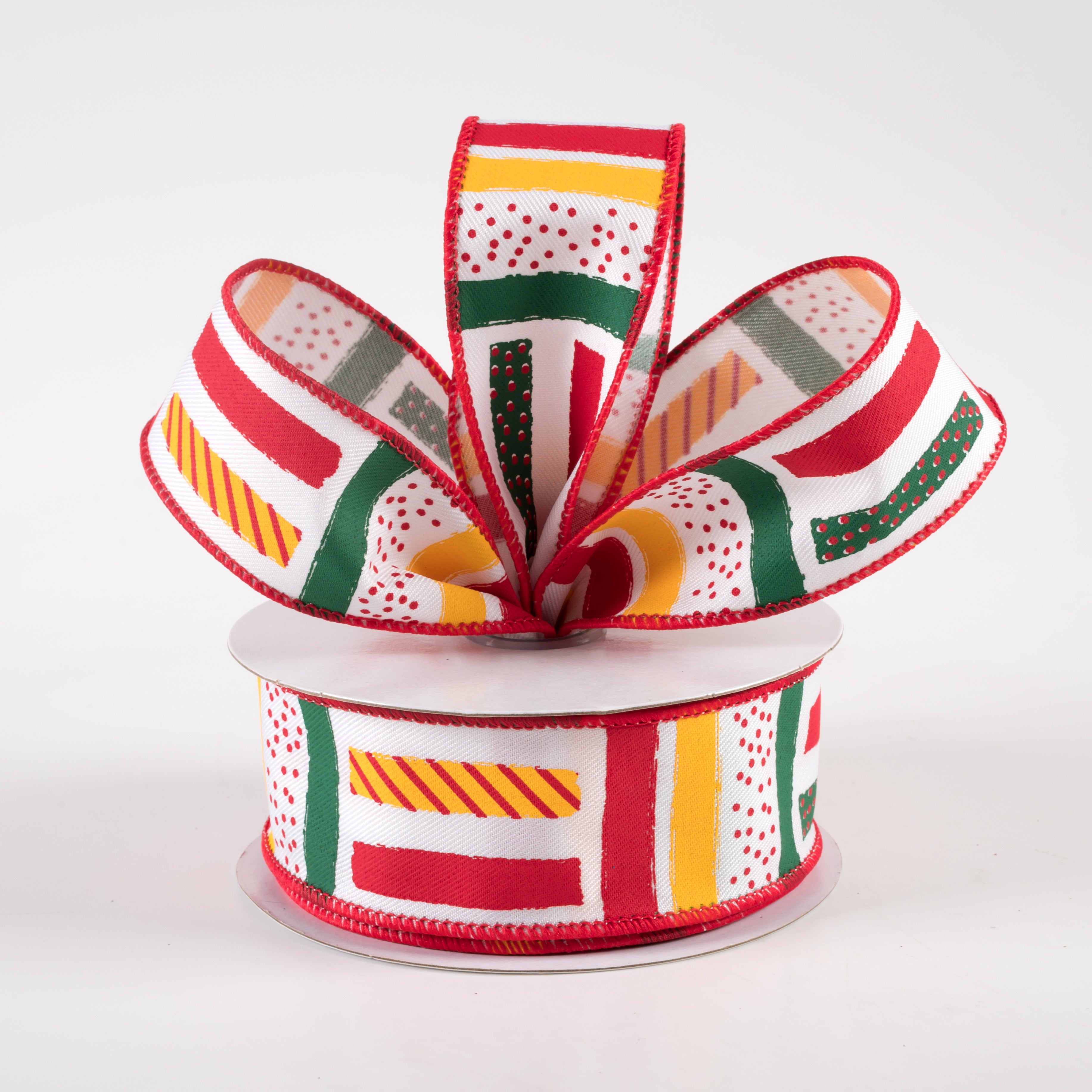1.5 Inch Brush Stroke Stripes & Dots Ribbon - White, Yellow, Green, Red (10 Yards) - Perfect for Gift Wrapping, Scrapbooking & DIY Crafts