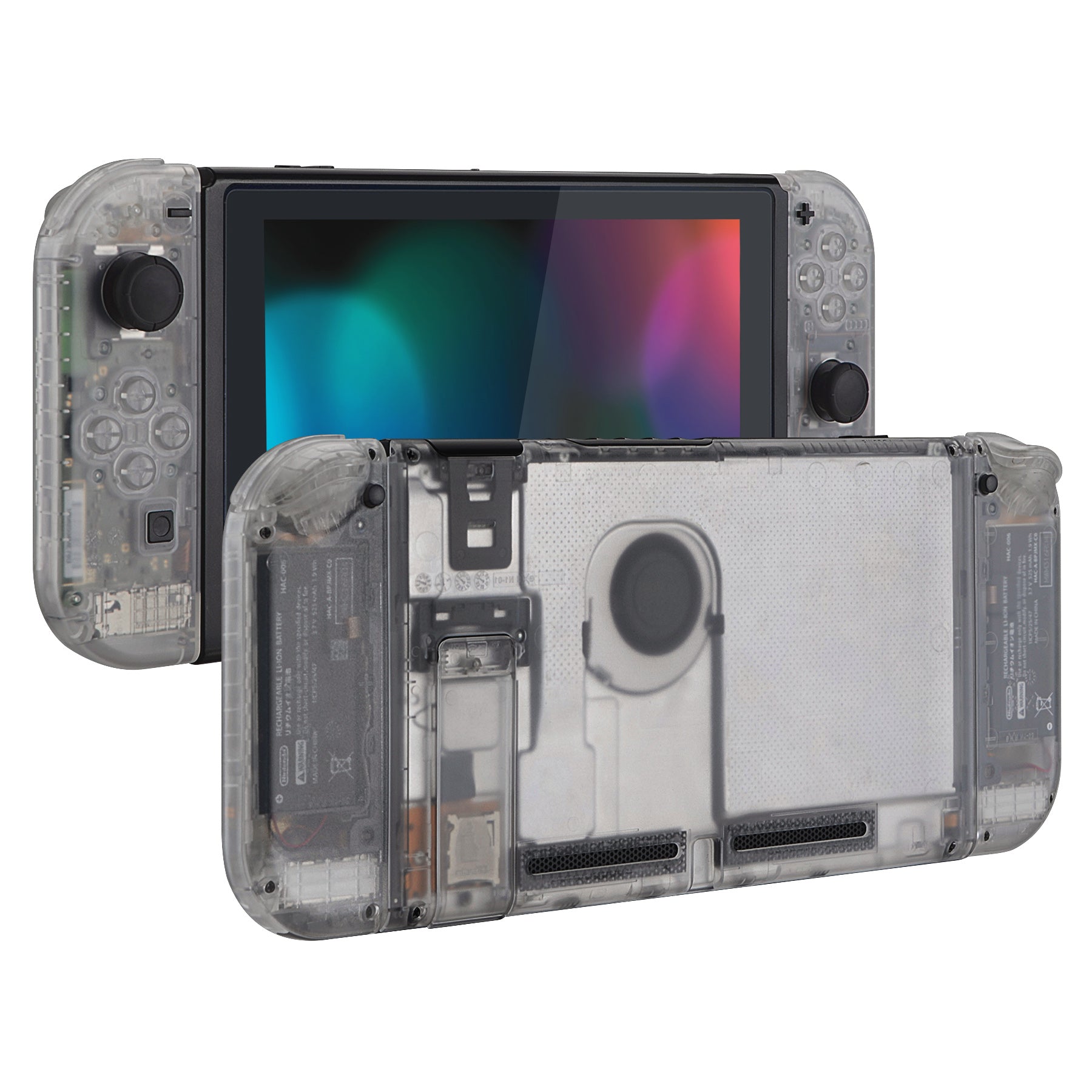 eXtremeRate Clear Transparent Back Plate Replacement Shell for Nintendo Switch Console & Joy-Con Controllers - Full Set Buttons Included - DIY Customization for Gaming Enthusiasts - Perfect for Home Entertainment and Portable Gaming