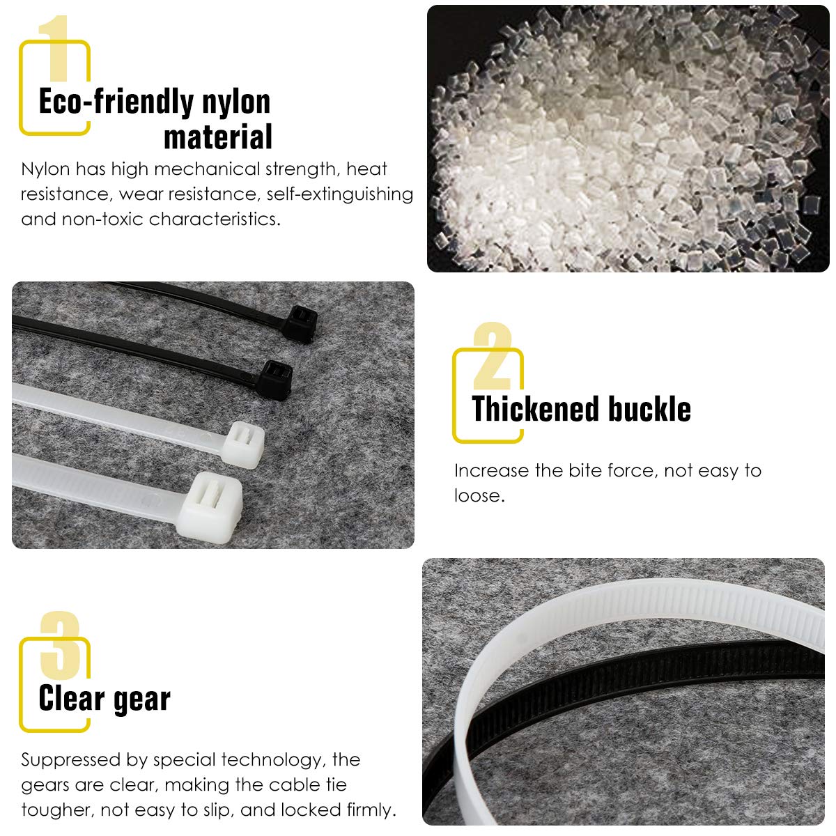 Hannord 100-Pack UV Resistant Nylon Cable Zip Ties - Self-Locking 3.6mm x 300mm/250mm/200mm/150mm Black Multipurpose Wire Ties - Perfect for Organizing Cables, DIY Projects, Home & Office Use