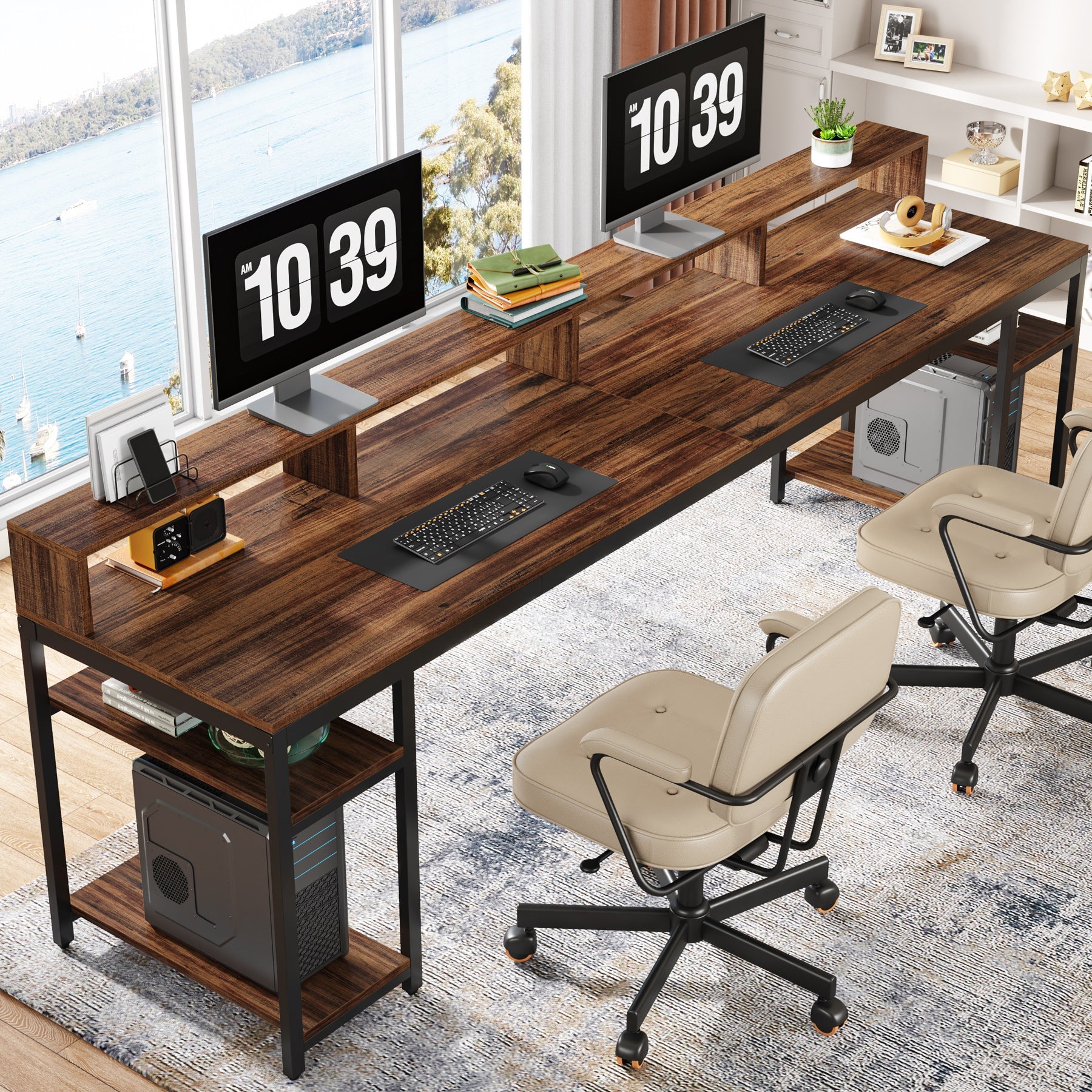 Two Person Desk - 78.7 Inch Large Computer Desk with Monitor Stand & 4 Open Shelves for Home Office, Gaming Setup, and Workspace Organization