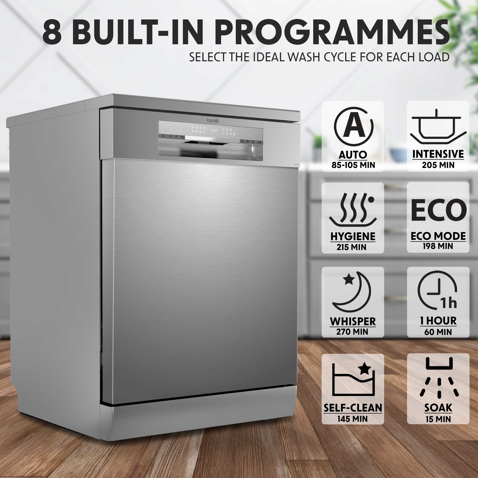 Baridi 60cm Freestanding Dishwasher - 14 Place Settings, 8 Wash Programs, LED Display, Energy Efficient, Silver (Model DH167) - Perfect for Small Kitchens, Apartments & Open-Plan Living Spaces